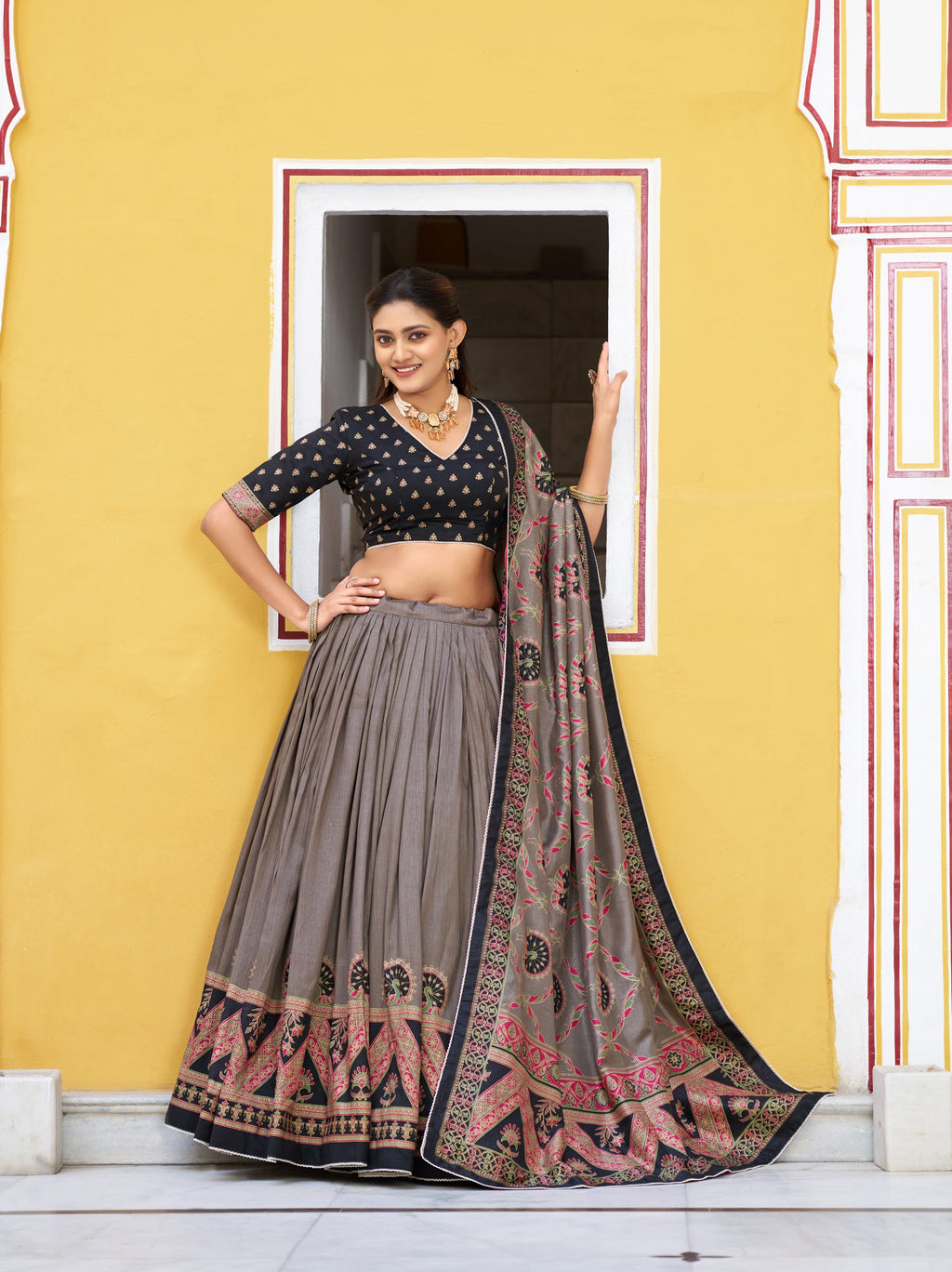 Lorenvalley Fashion Black Tasar Silk Printed And Iconic Sparkle with Lace Border Lehenga Choli with Dupatta