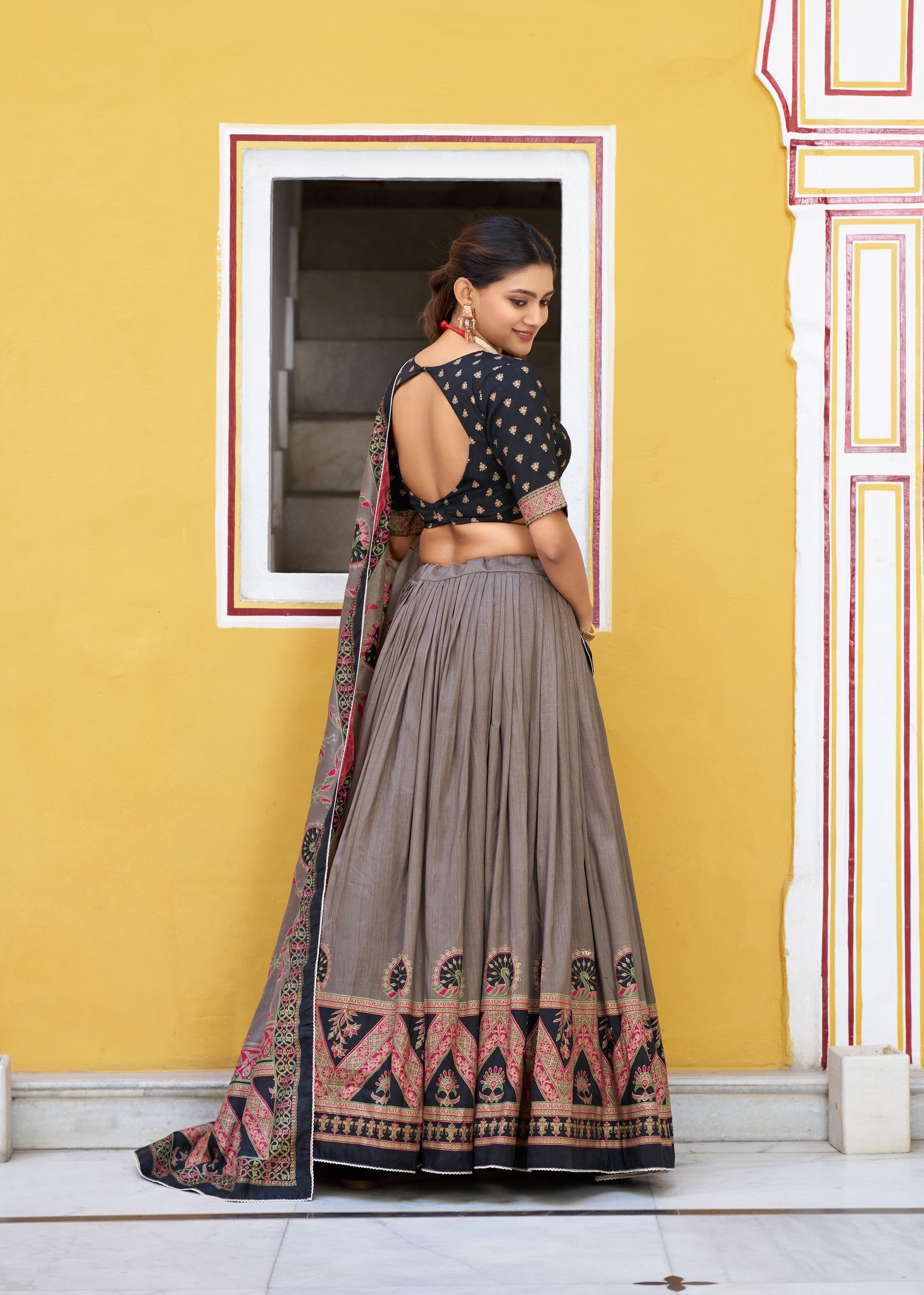 Lorenvalley Fashion Black Tasar Silk Printed And Iconic Sparkle with Lace Border Lehenga Choli with Dupatta