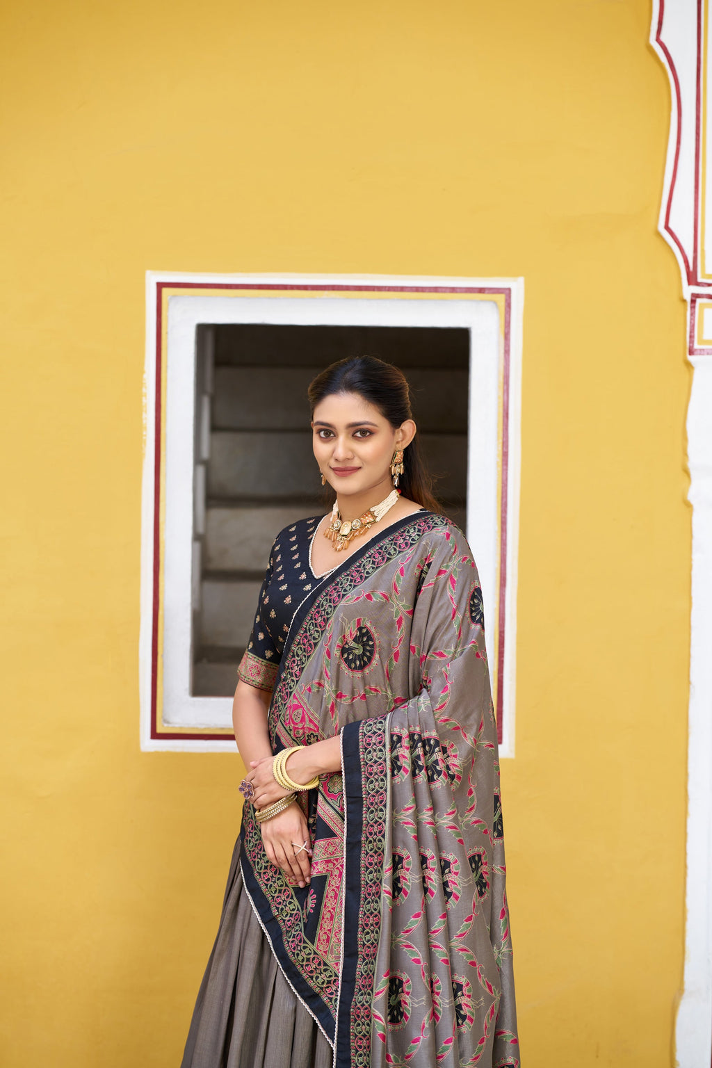 Lorenvalley Fashion Black Tasar Silk Printed And Iconic Sparkle with Lace Border Lehenga Choli with Dupatta