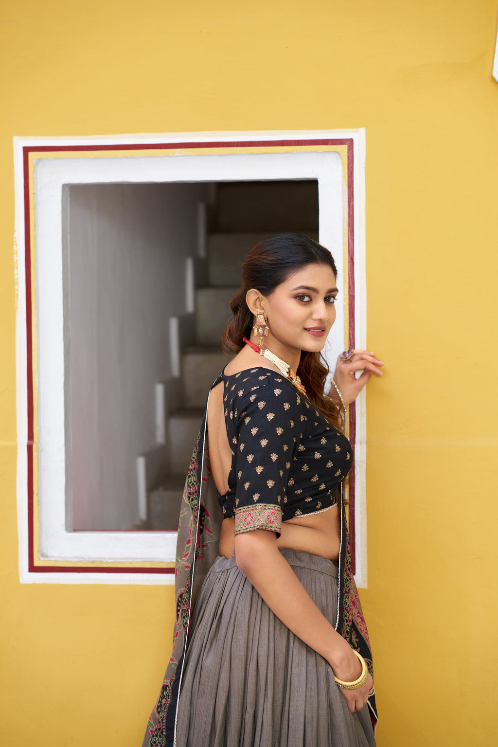 Lorenvalley Fashion Black Tasar Silk Printed And Iconic Sparkle with Lace Border Lehenga Choli with Dupatta