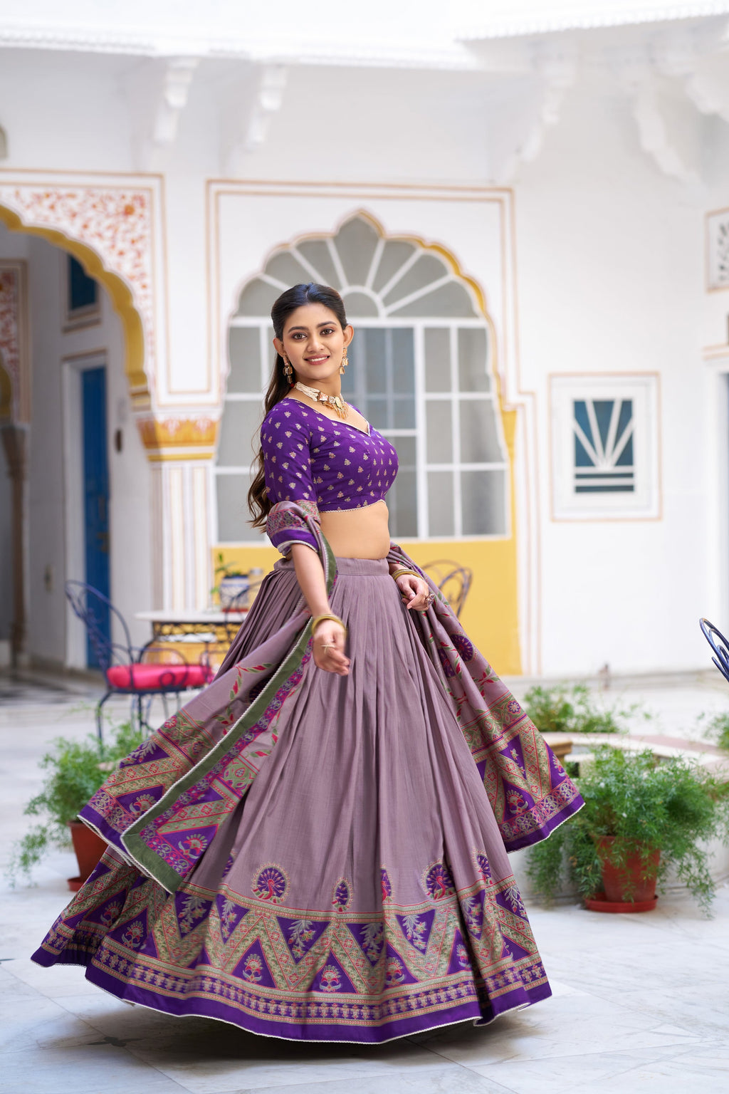Lorenvalley Fashion Purple Tasar Silk Printed And Iconic Sparkle with Lace Border Lehenga Choli with Dupatta