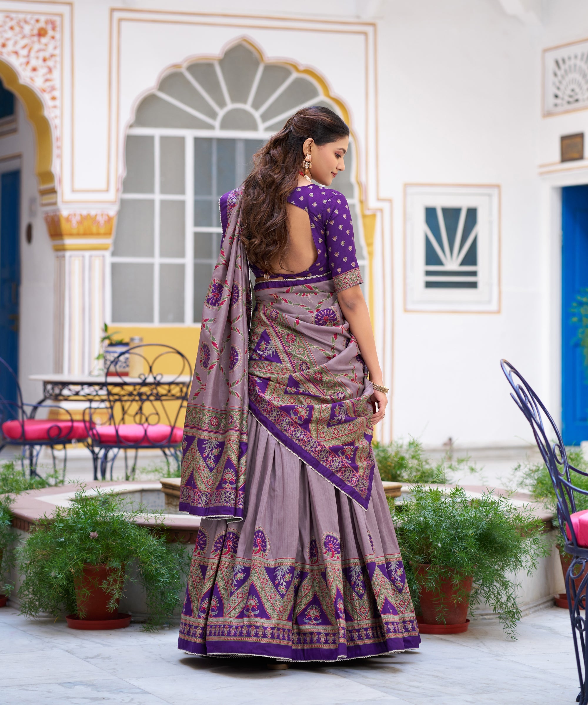 Lorenvalley Fashion Purple Tasar Silk Printed And Iconic Sparkle with Lace Border Lehenga Choli with Dupatta