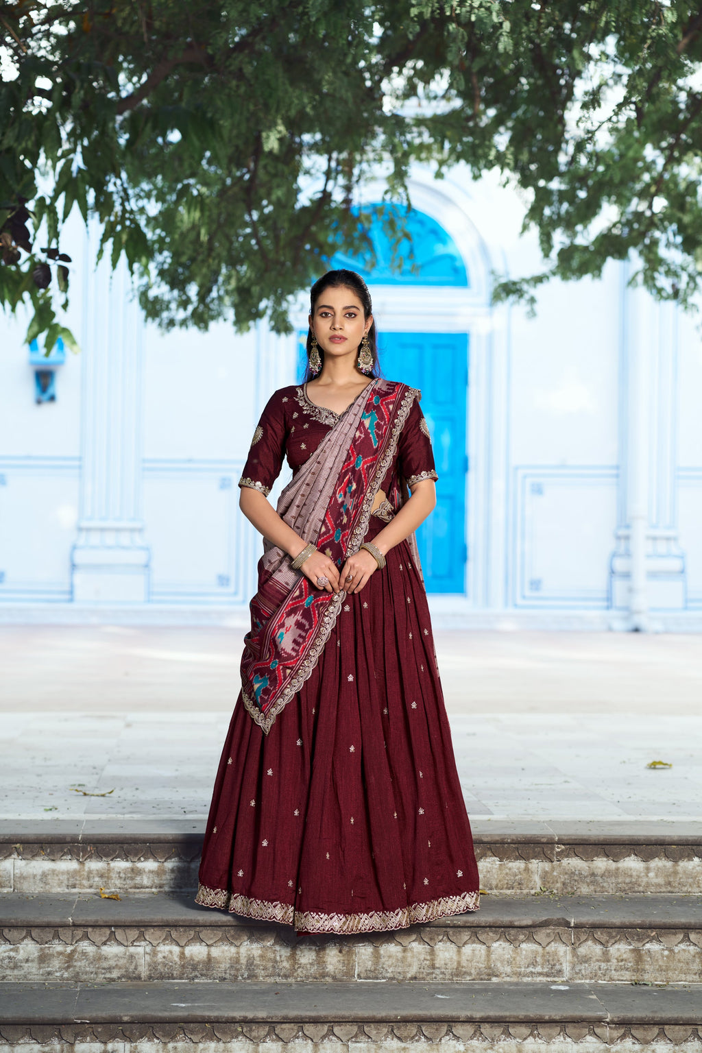 Lorenvalley Fashion Maroon Vichitra Silk Sequins and Thread Embroidery Work Lehenga Choli with Dupatta