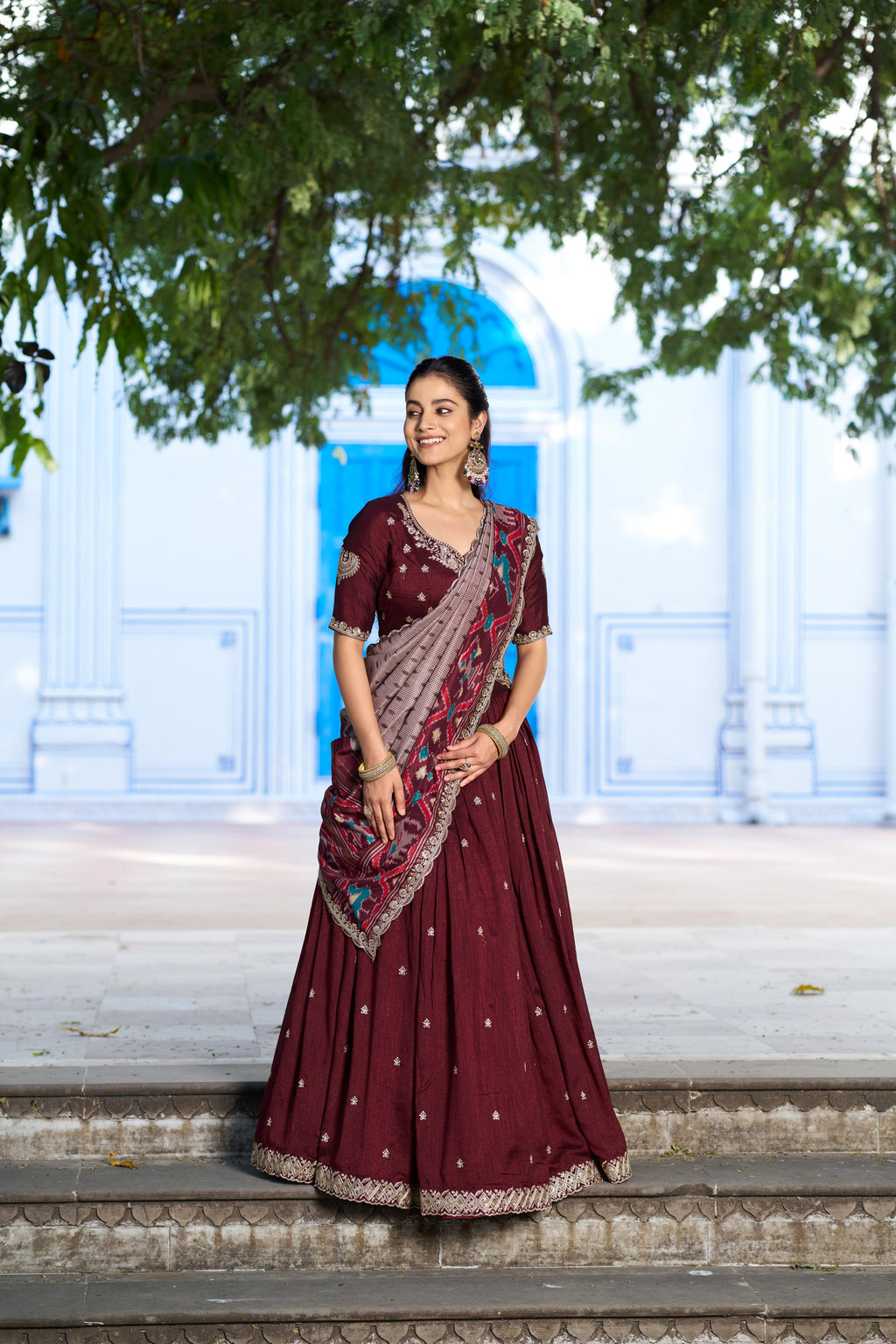 Lorenvalley Fashion Maroon Vichitra Silk Sequins and Thread Embroidery Work Lehenga Choli with Dupatta