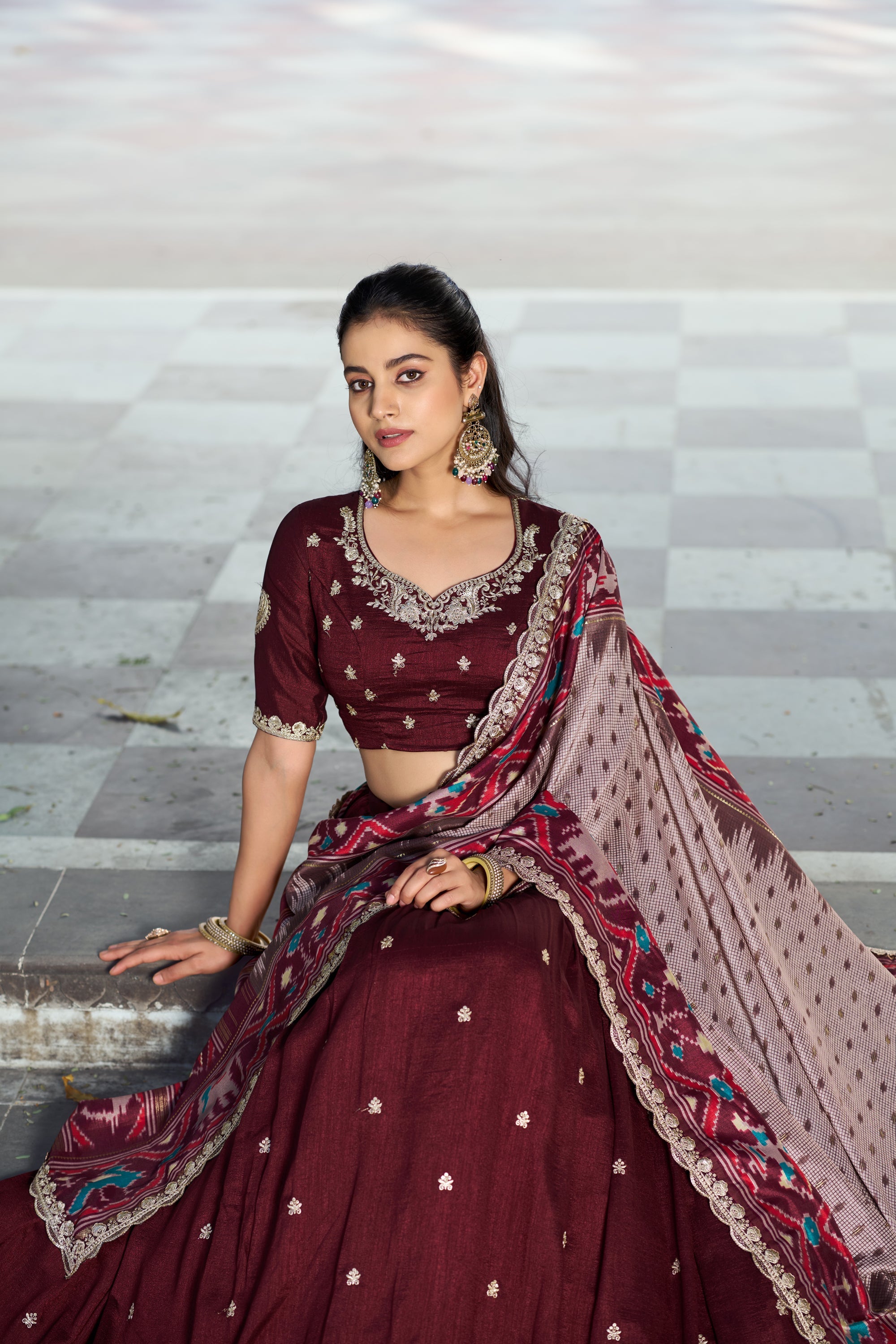 Lorenvalley Fashion Maroon Vichitra Silk Sequins and Thread Embroidery Work Lehenga Choli with Dupatta