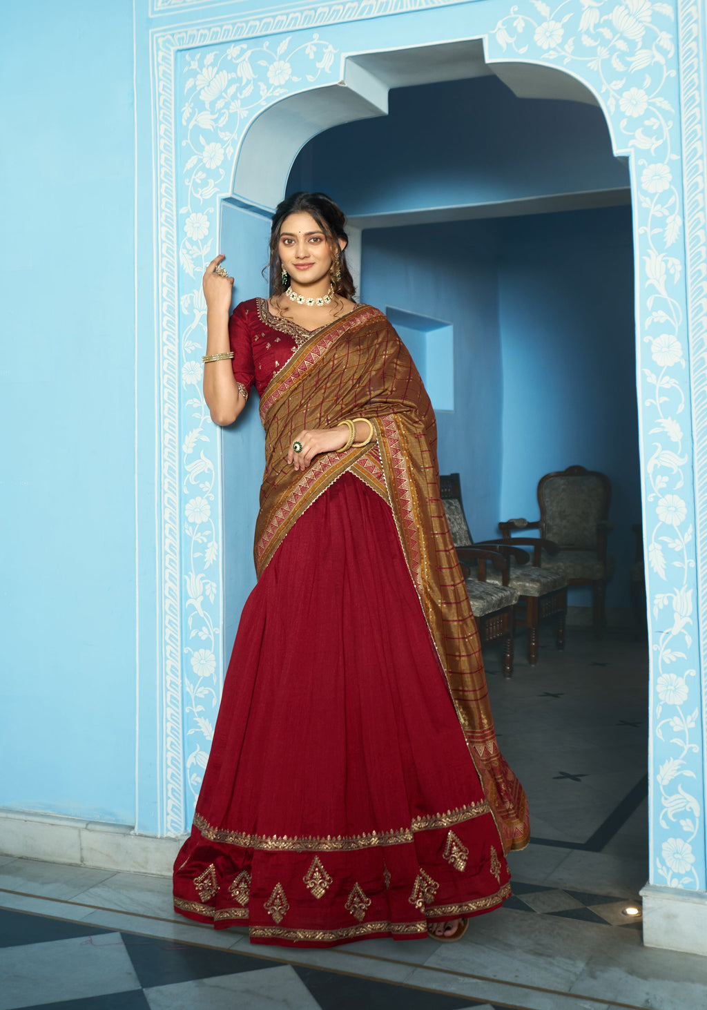 Lorenvalley Fashion Maroon Vichitra Silk Sequins and Thread Embroidery Work Lehenga Choli with Dupatta