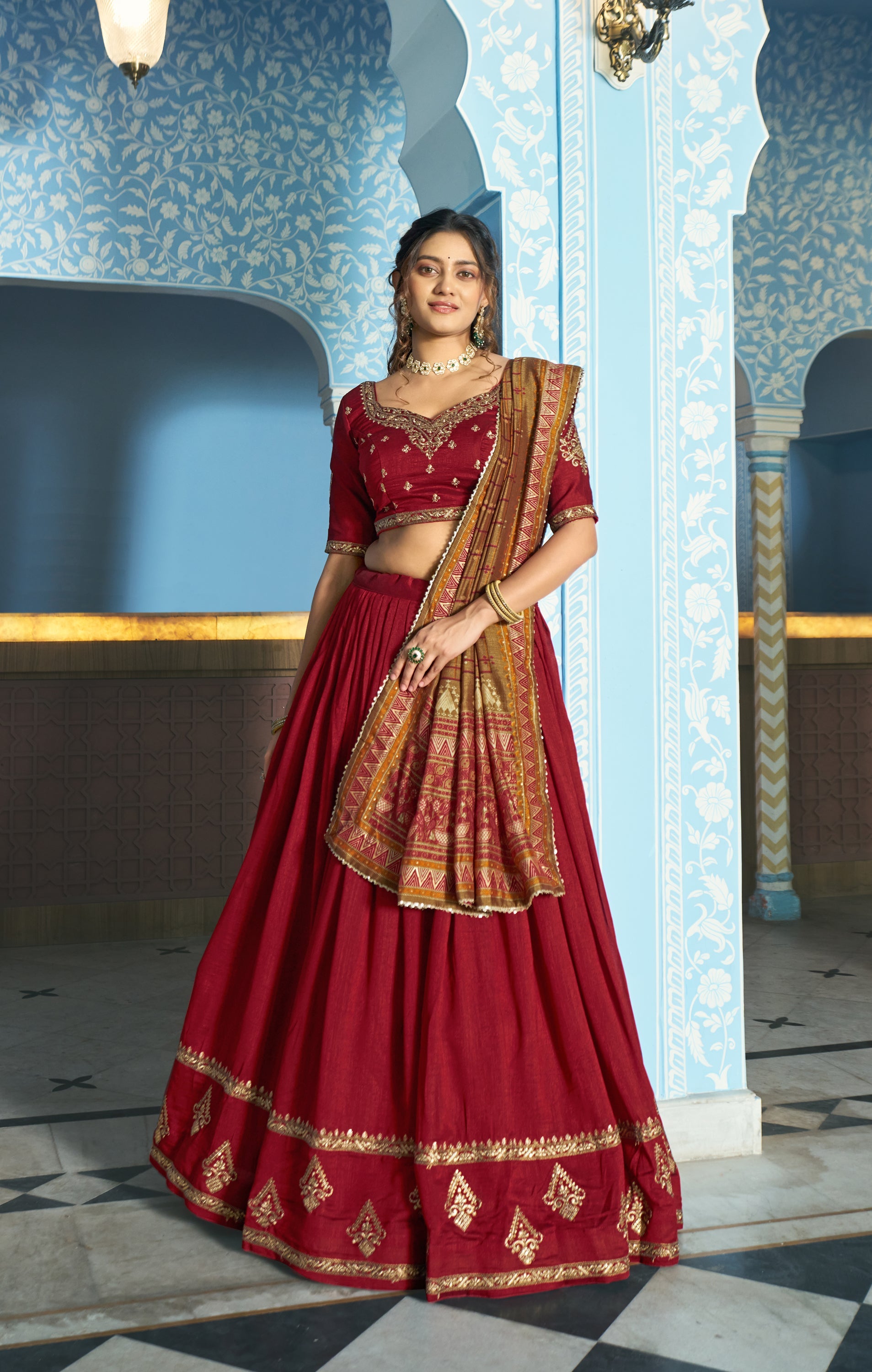 Lorenvalley Fashion Maroon Vichitra Silk Sequins and Thread Embroidery Work Lehenga Choli with Dupatta