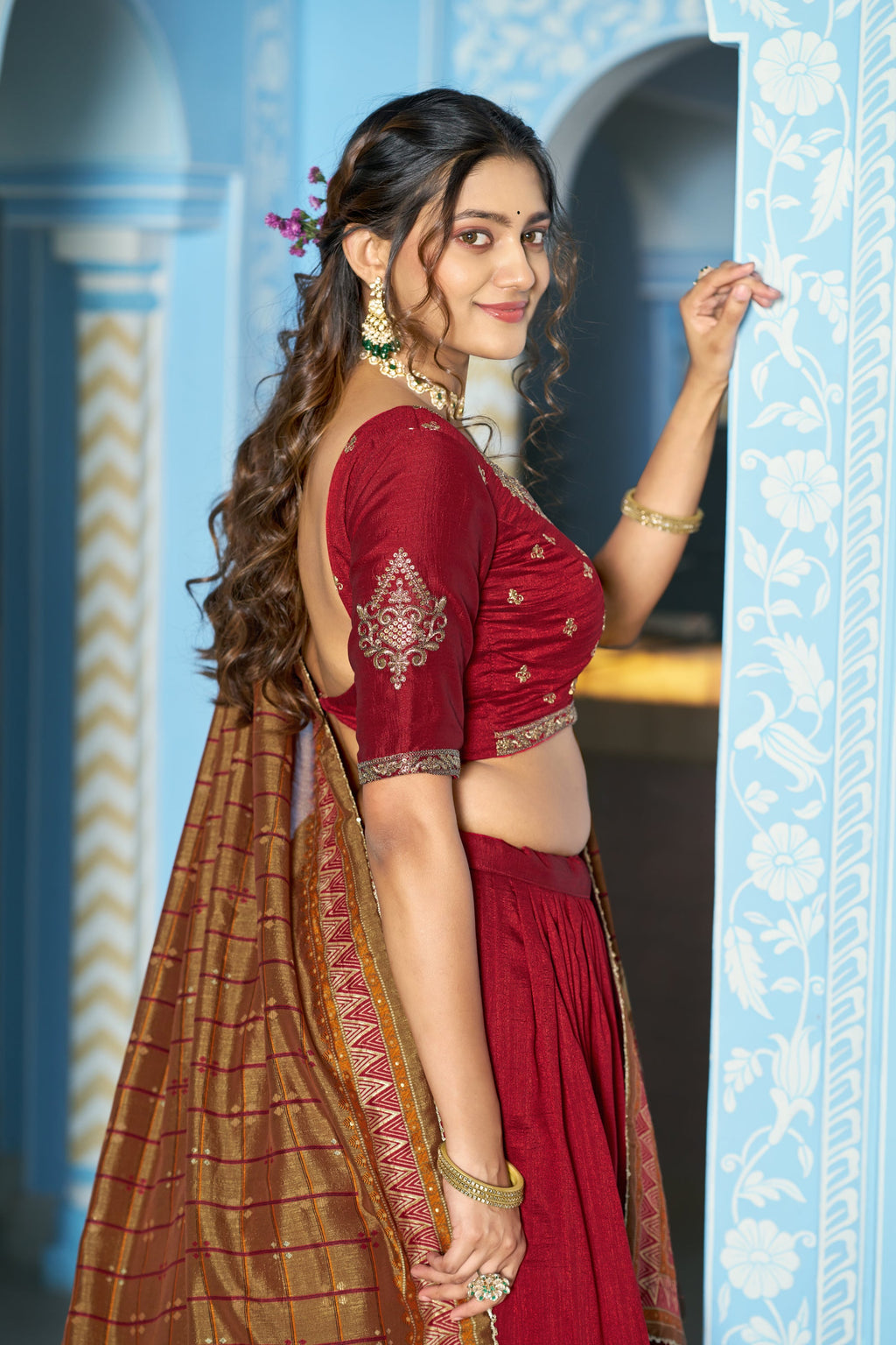 Lorenvalley Fashion Maroon Vichitra Silk Sequins and Thread Embroidery Work Lehenga Choli with Dupatta