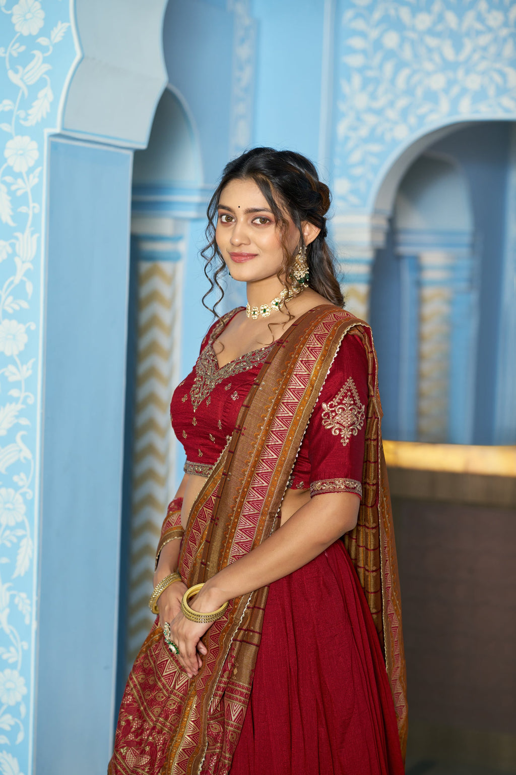 Lorenvalley Fashion Maroon Vichitra Silk Sequins and Thread Embroidery Work Lehenga Choli with Dupatta