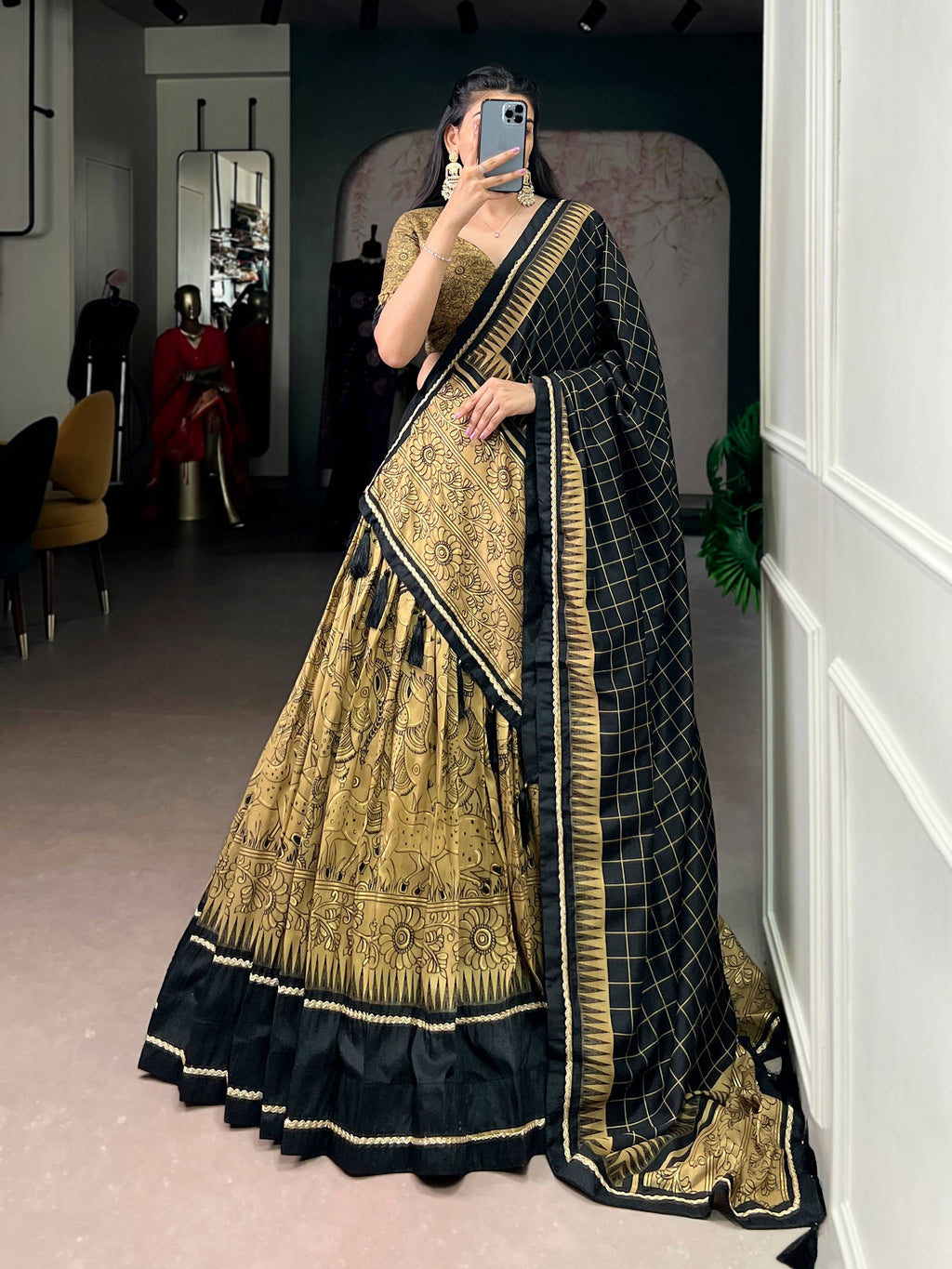 Lorenvalley Fashion Gold Tasar Silk Kalamkari Print With Lace Border Lehenga Choli with Dupatta