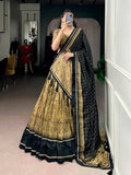 Lorenvalley Fashion Gold Tasar Silk Kalamkari Print With Lace Border Lehenga Choli with Dupatta