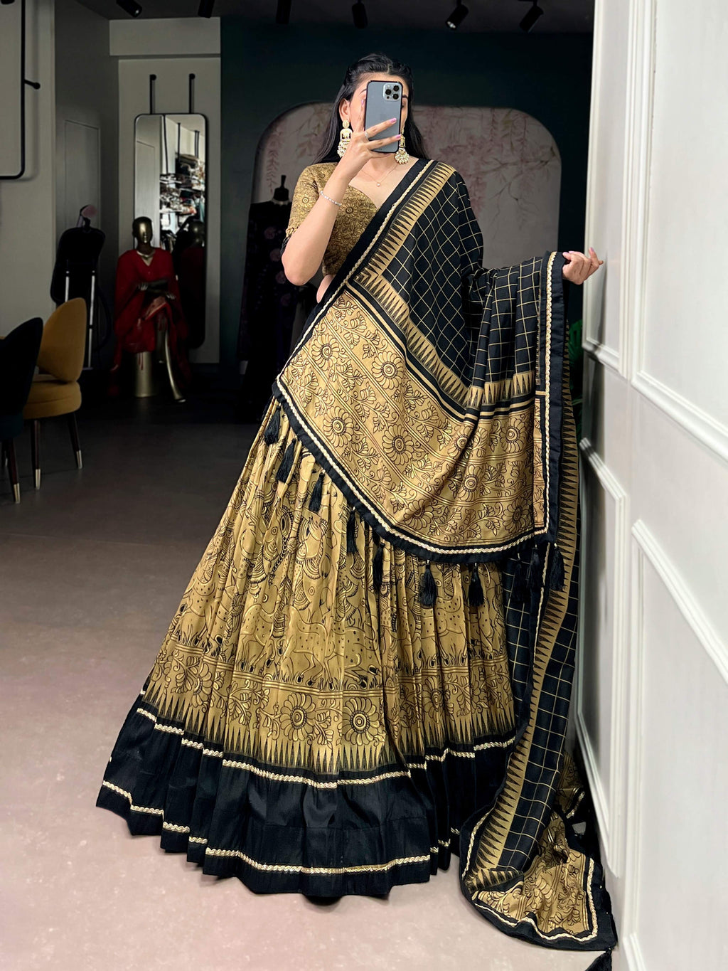 Lorenvalley Fashion Gold Tasar Silk Kalamkari Print With Lace Border Lehenga Choli with Dupatta
