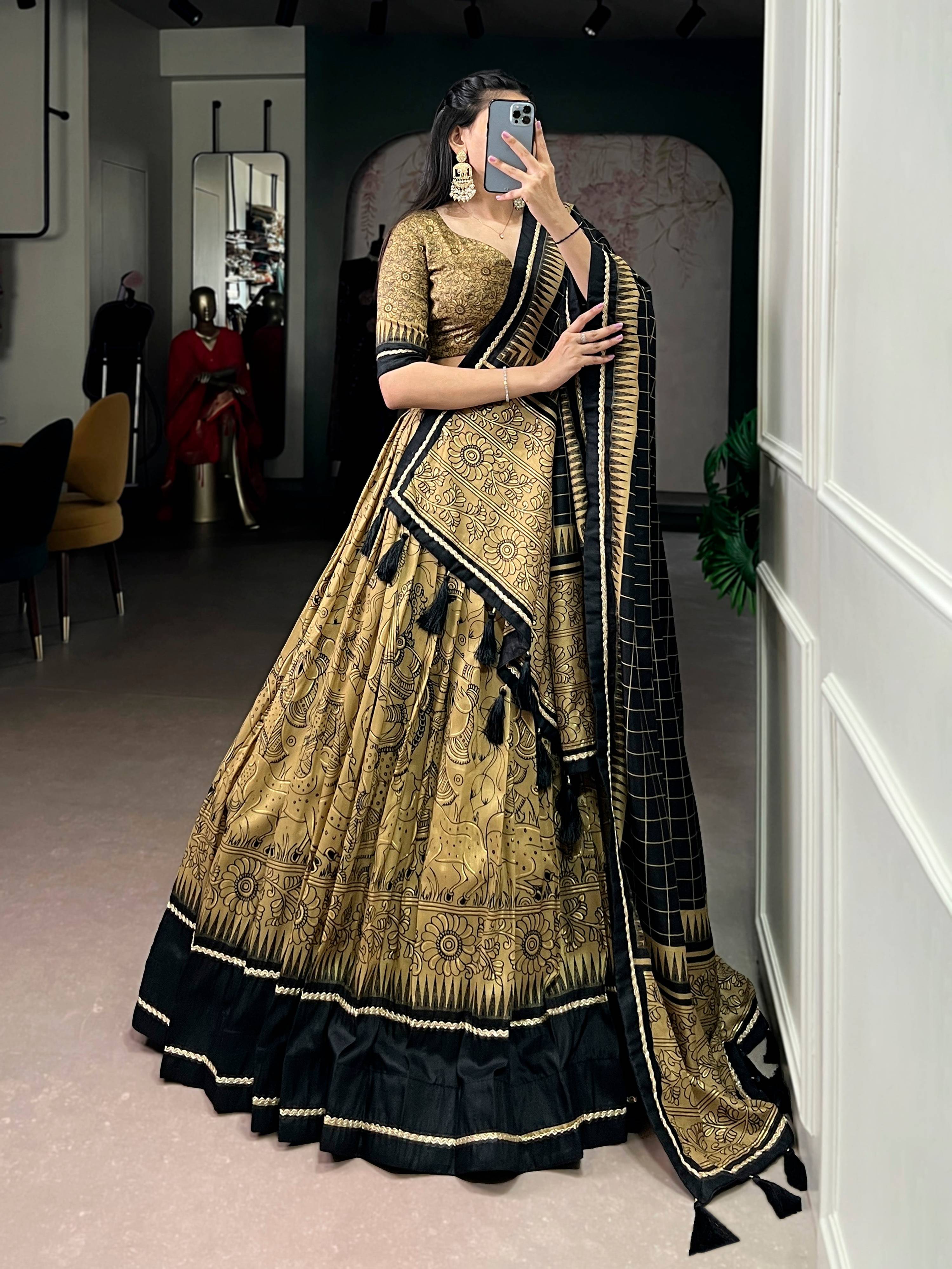 Lorenvalley Fashion Gold Tasar Silk Kalamkari Print With Lace Border Lehenga Choli with Dupatta