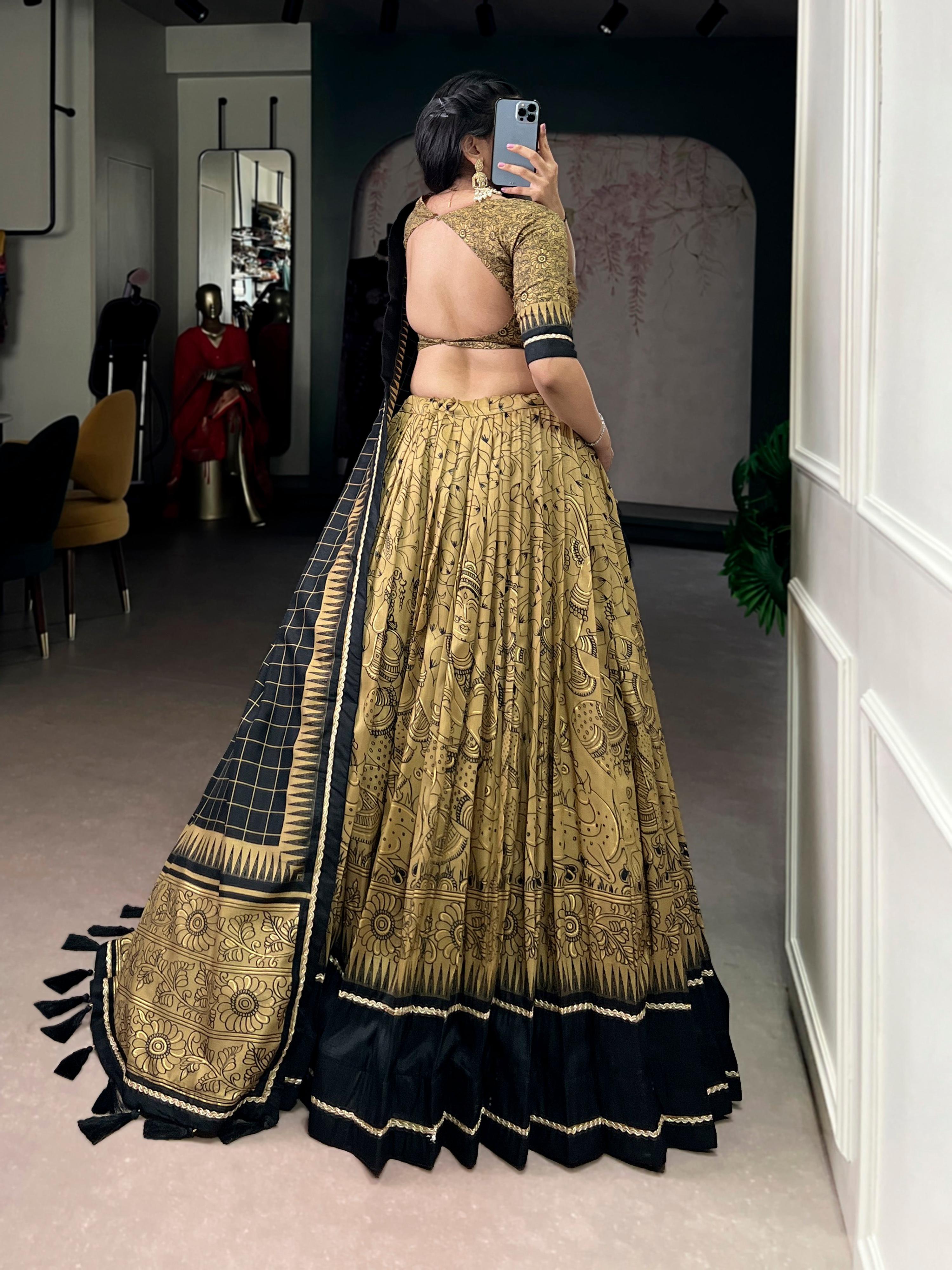 Lorenvalley Fashion Gold Tasar Silk Kalamkari Print With Lace Border Lehenga Choli with Dupatta