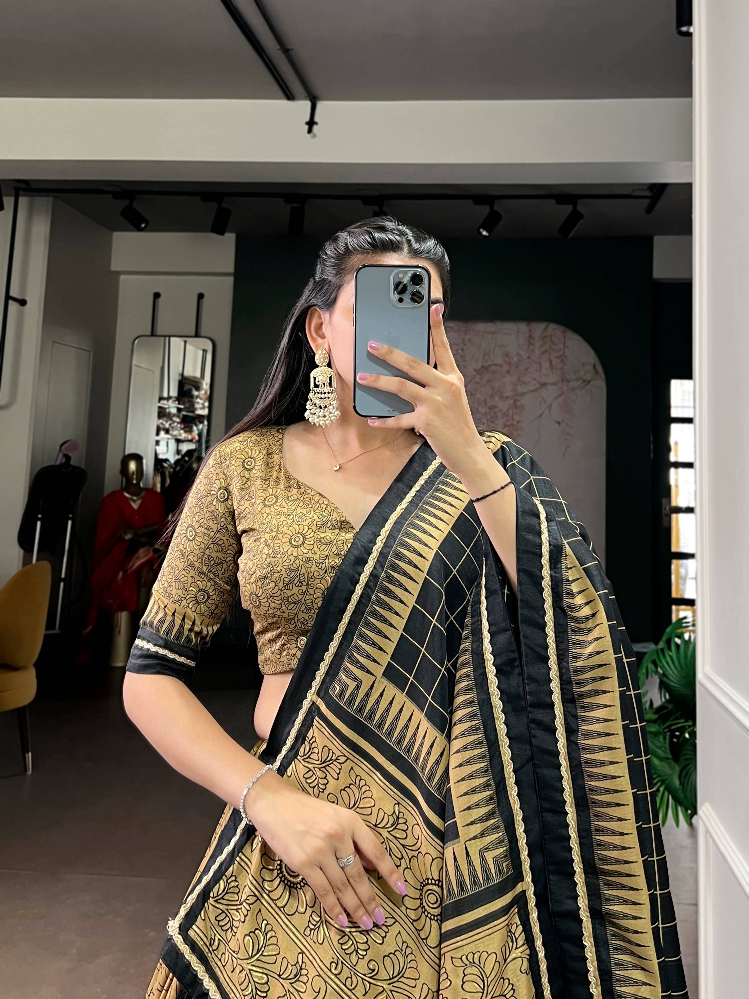 Lorenvalley Fashion Gold Tasar Silk Kalamkari Print With Lace Border Lehenga Choli with Dupatta
