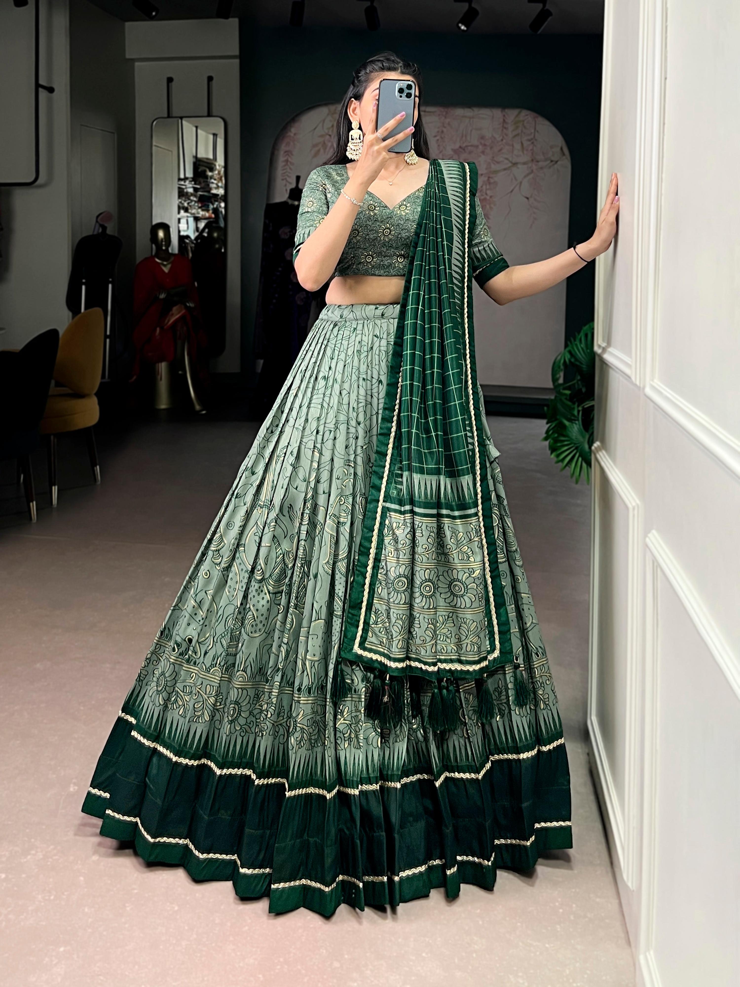 Lorenvalley Fashion Green Tasar Silk Kalamkari Print With Lace Border Lehenga Choli with Dupatta