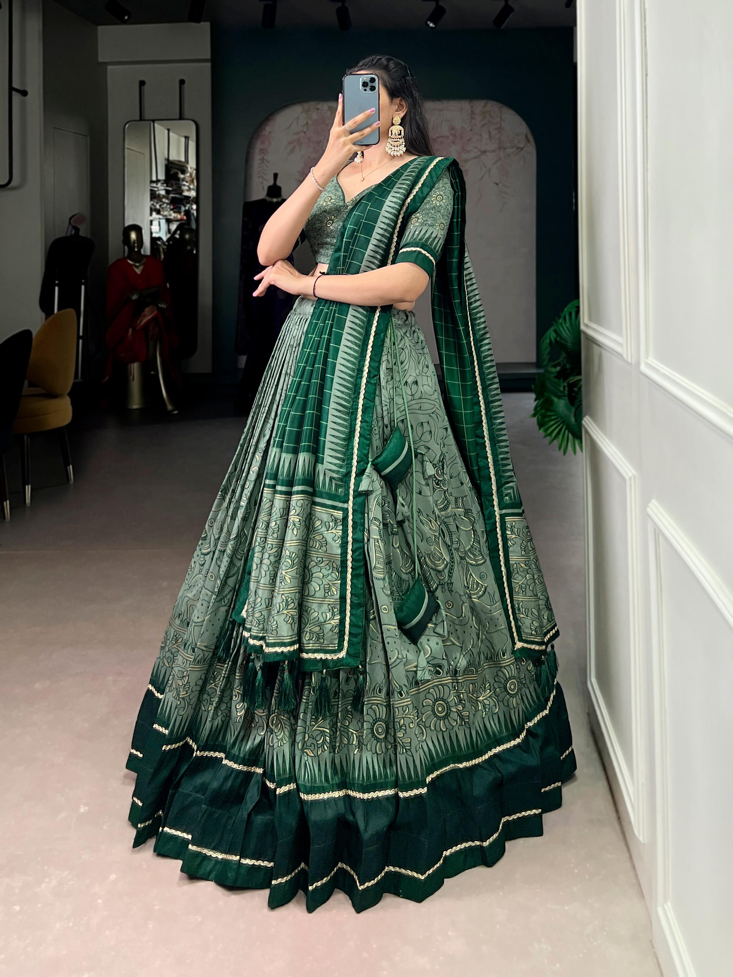 Lorenvalley Fashion Green Tasar Silk Kalamkari Print With Lace Border Lehenga Choli with Dupatta
