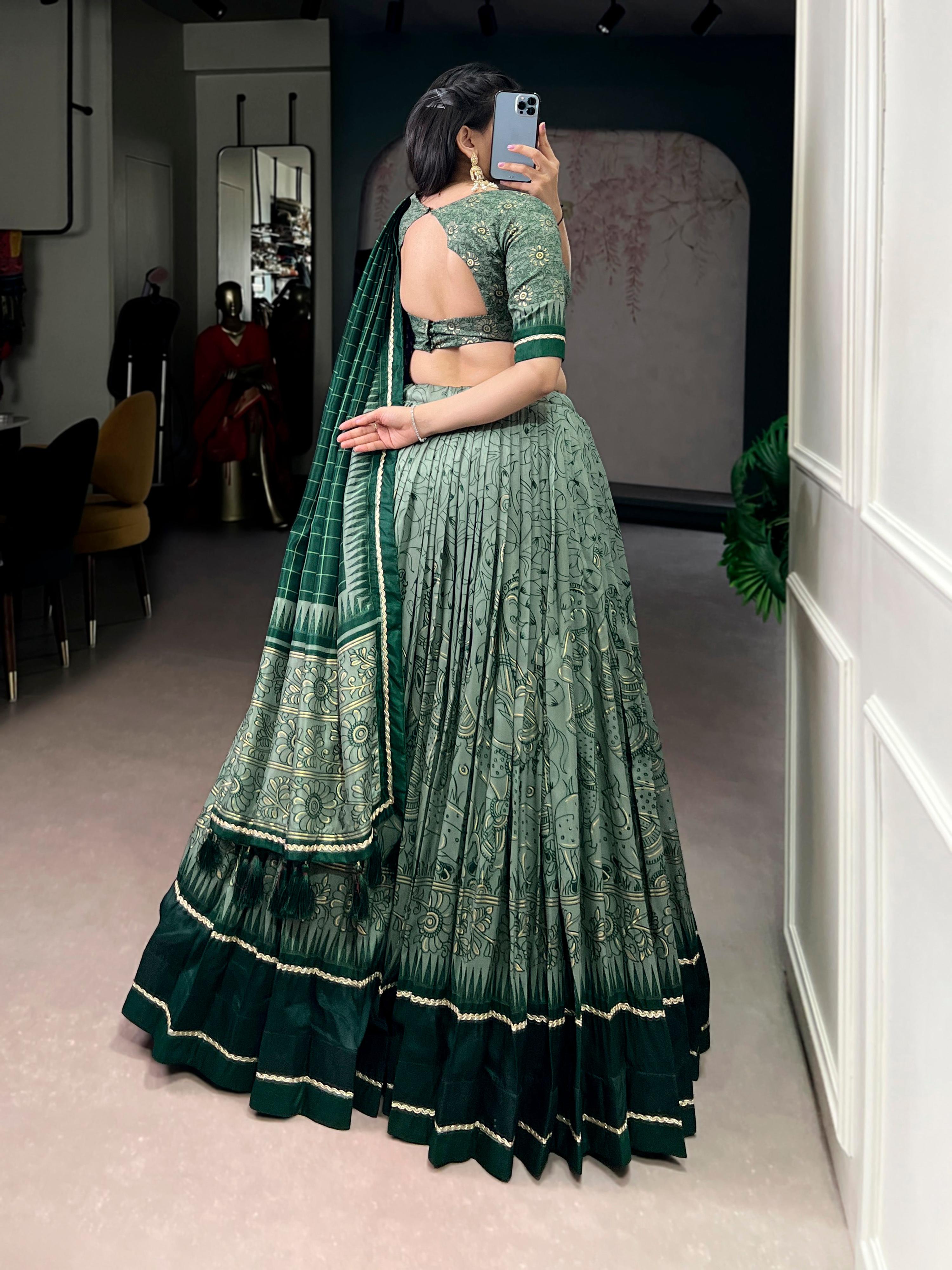 Lorenvalley Fashion Green Tasar Silk Kalamkari Print With Lace Border Lehenga Choli with Dupatta
