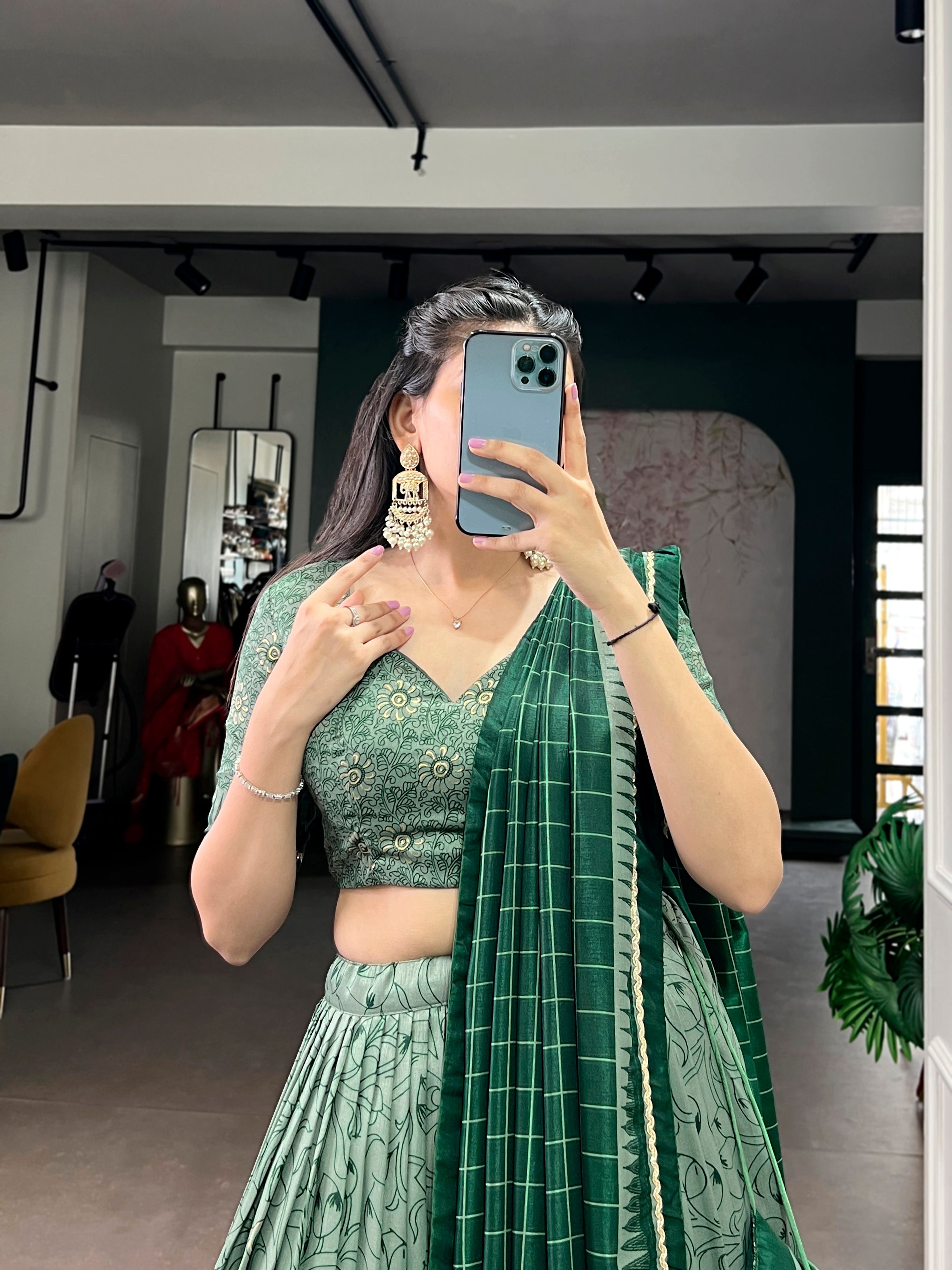 Lorenvalley Fashion Green Tasar Silk Kalamkari Print With Lace Border Lehenga Choli with Dupatta
