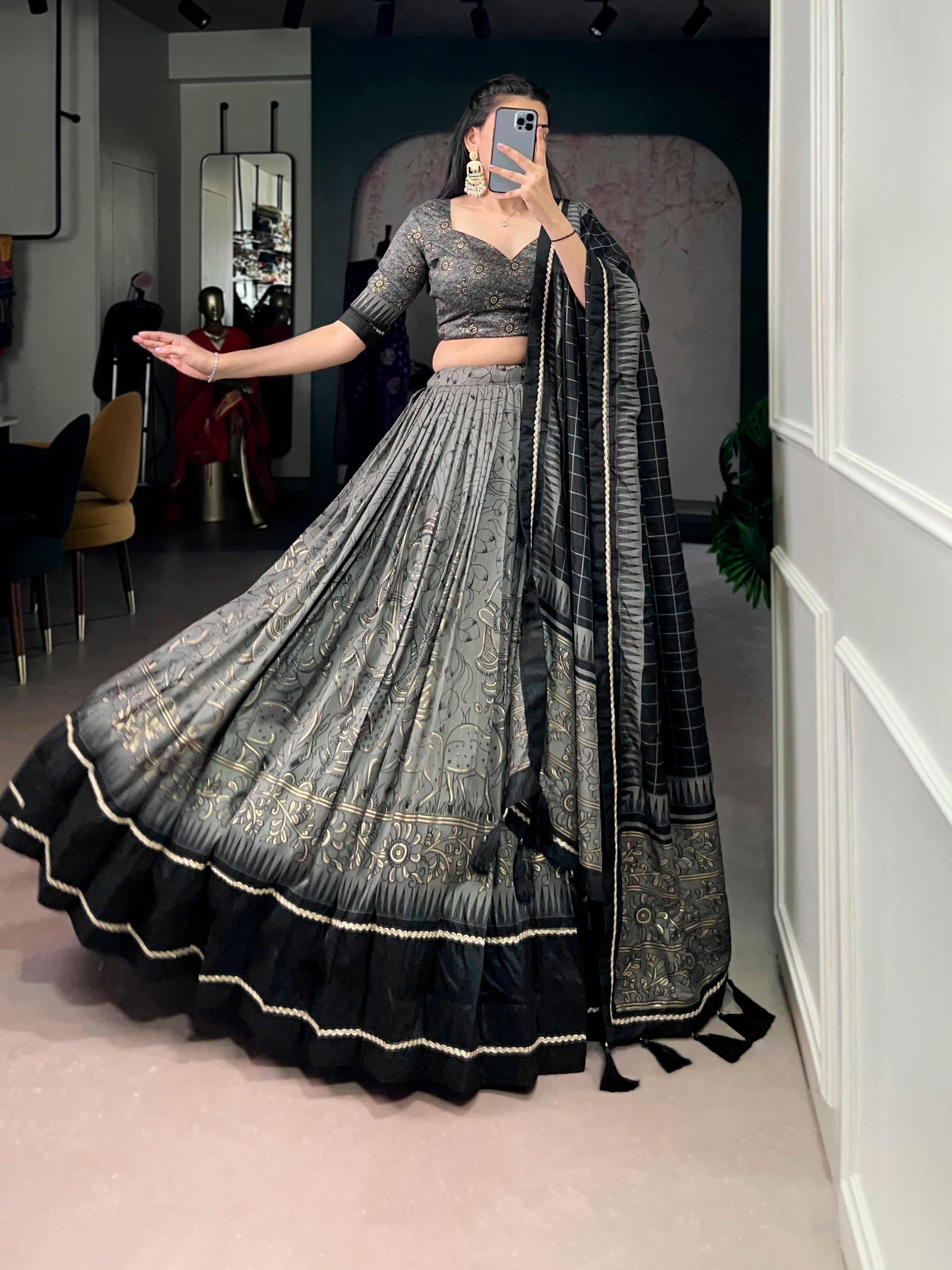 Lorenvalley Fashion Grey Tasar Silk Kalamkari Print With Lace Border Lehenga Choli with Dupatta