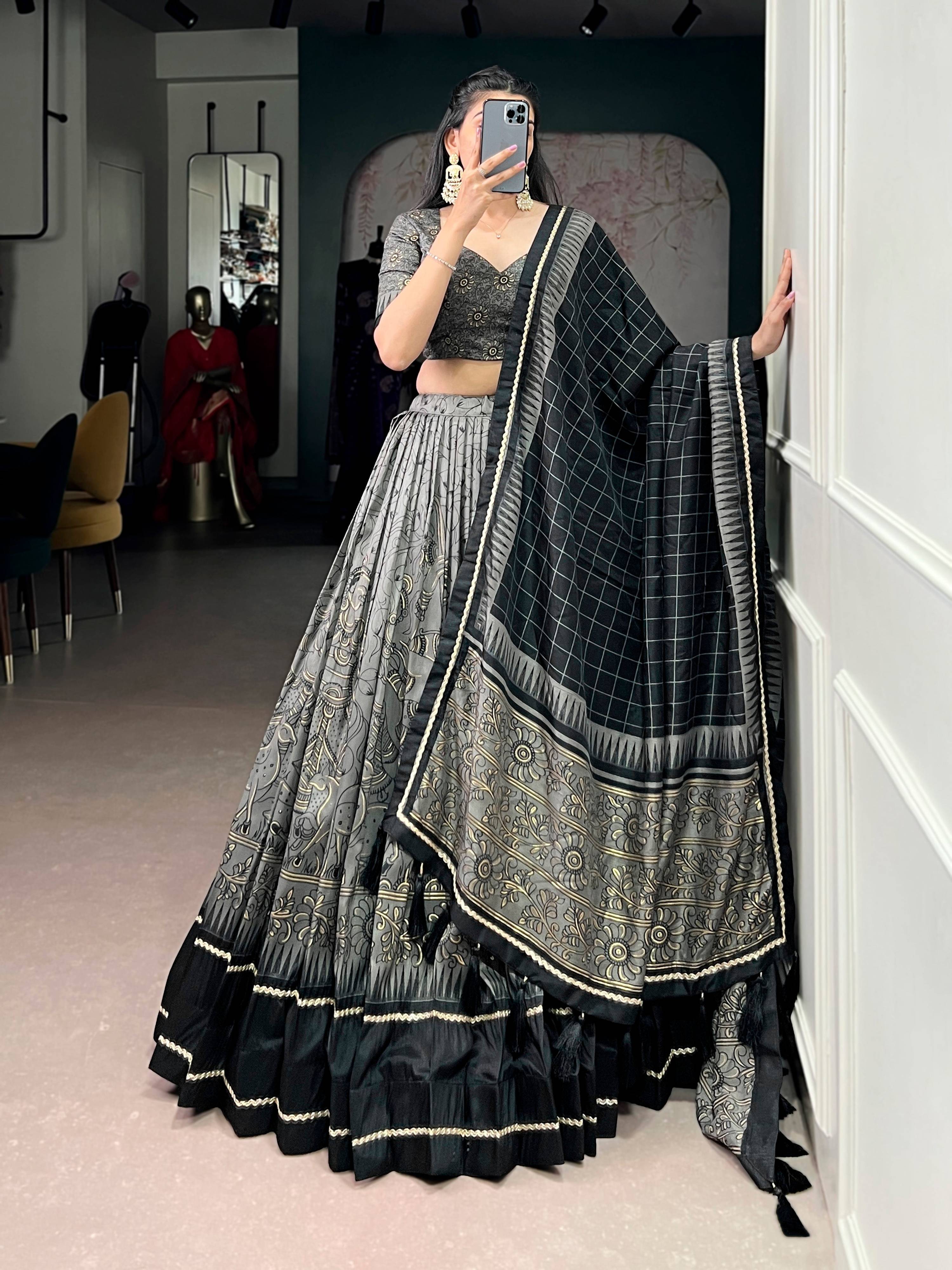 Lorenvalley Fashion Grey Tasar Silk Kalamkari Print With Lace Border Lehenga Choli with Dupatta