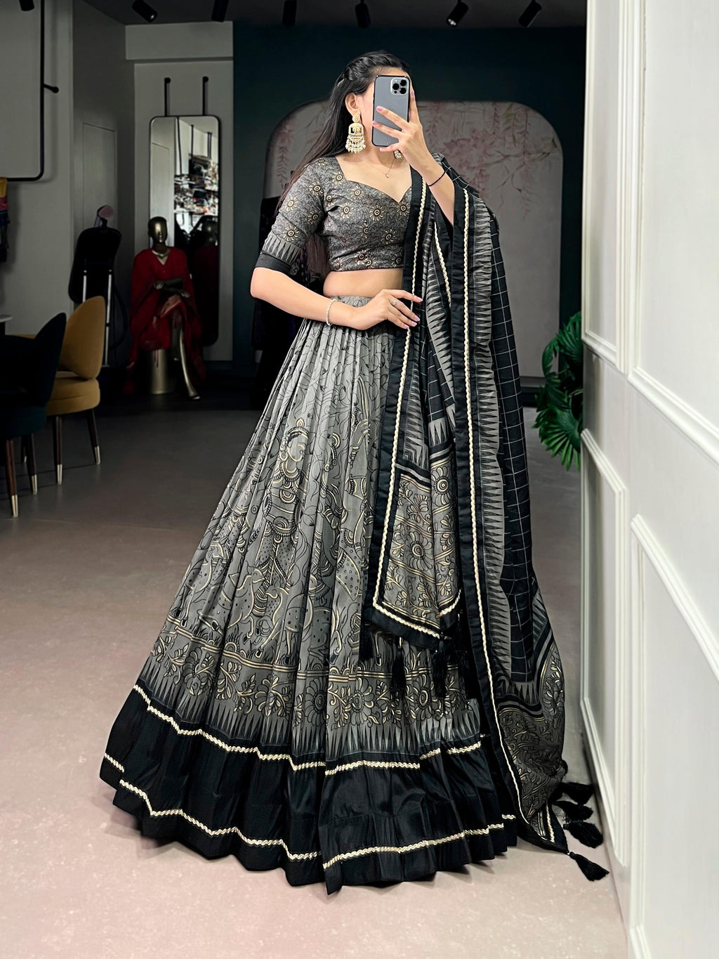 Lorenvalley Fashion Grey Tasar Silk Kalamkari Print With Lace Border Lehenga Choli with Dupatta