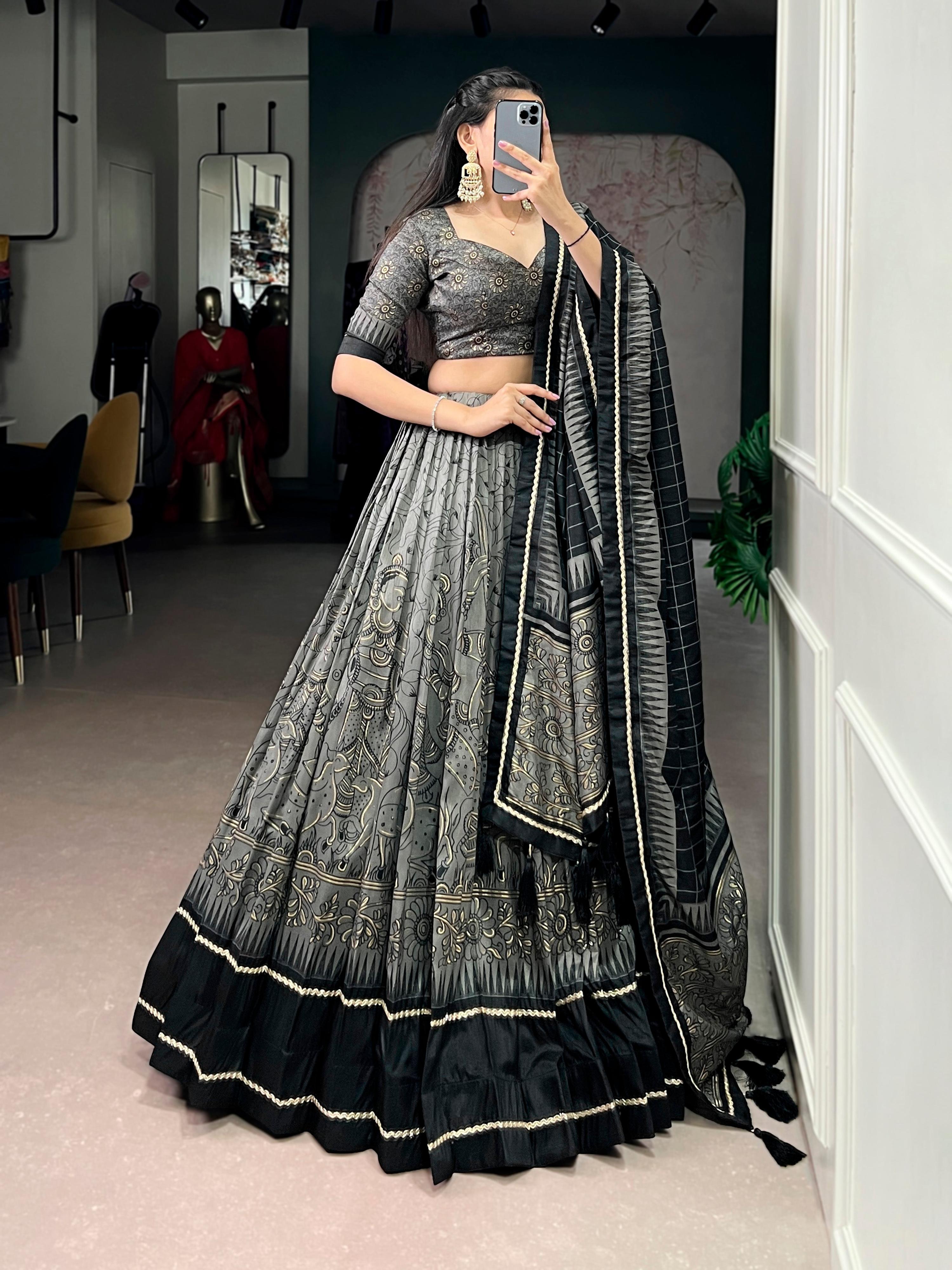 Lorenvalley Fashion Grey Tasar Silk Kalamkari Print With Lace Border Lehenga Choli with Dupatta