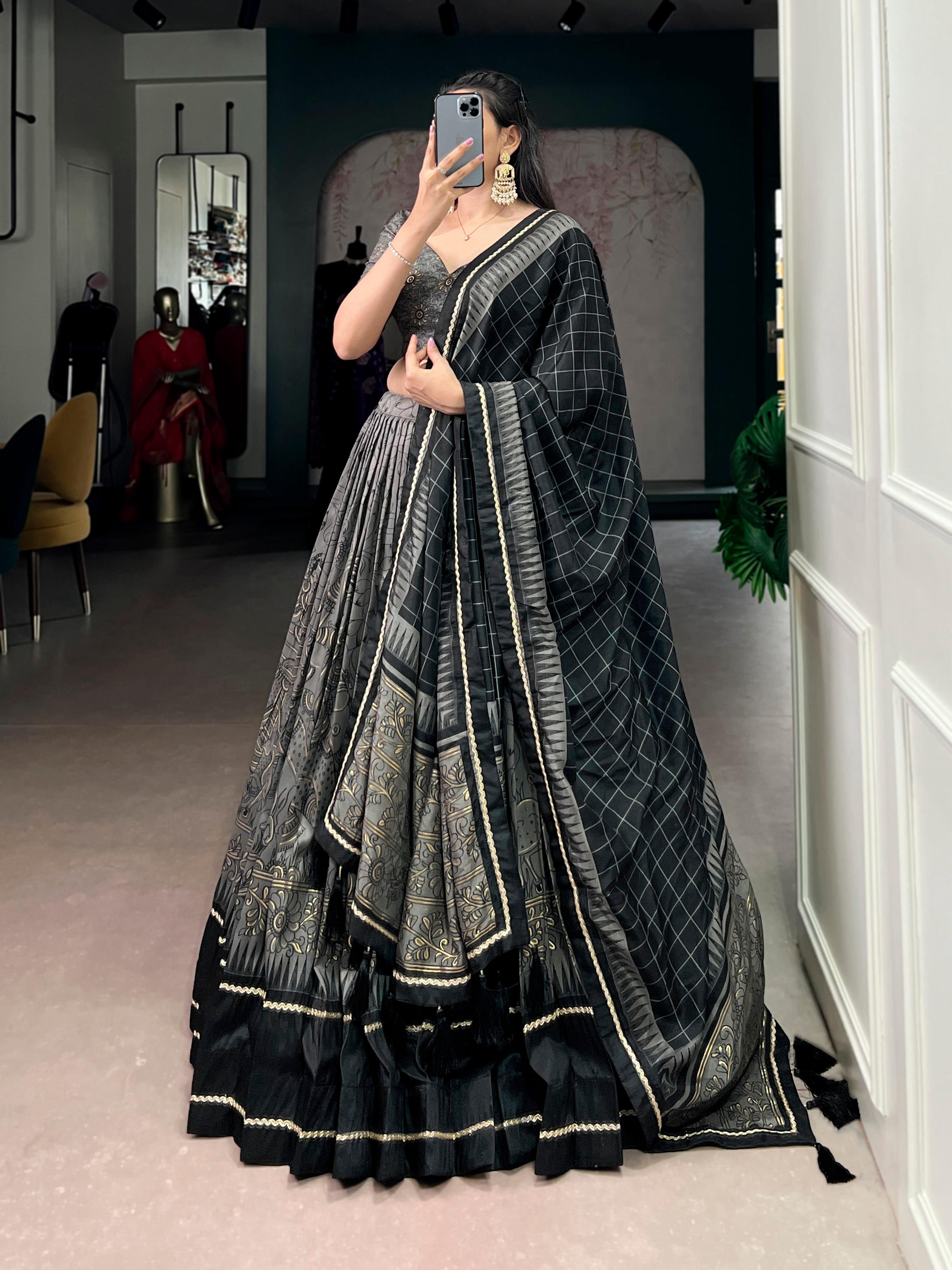 Lorenvalley Fashion Grey Tasar Silk Kalamkari Print With Lace Border Lehenga Choli with Dupatta