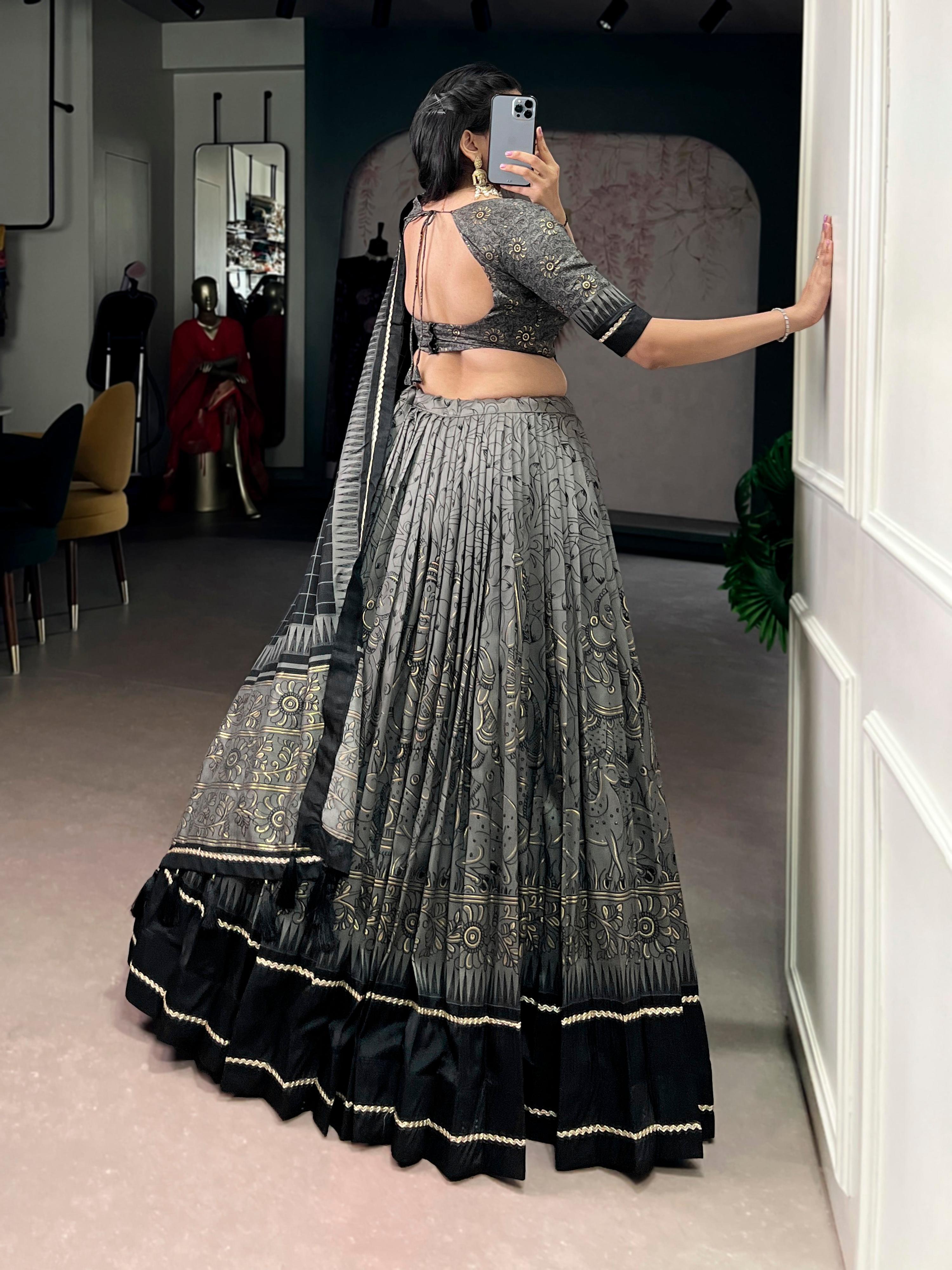 Lorenvalley Fashion Grey Tasar Silk Kalamkari Print With Lace Border Lehenga Choli with Dupatta