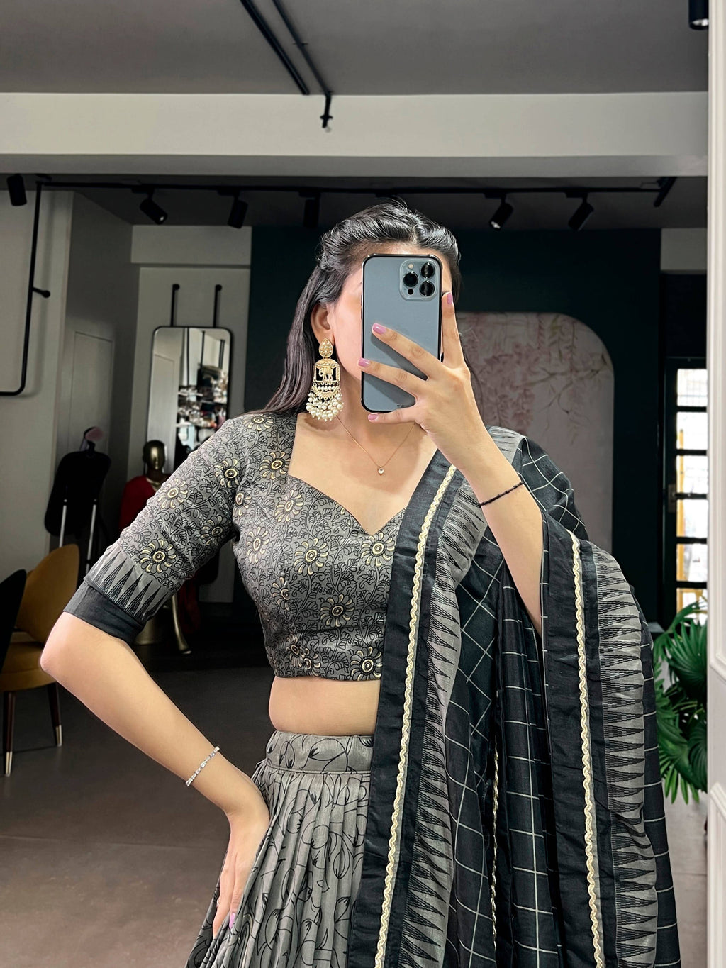 Lorenvalley Fashion Grey Tasar Silk Kalamkari Print With Lace Border Lehenga Choli with Dupatta