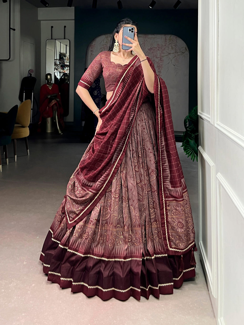 Lorenvalley Fashion Maroon Tasar Silk Kalamkari Print With Lace Border Lehenga Choli with Dupatta