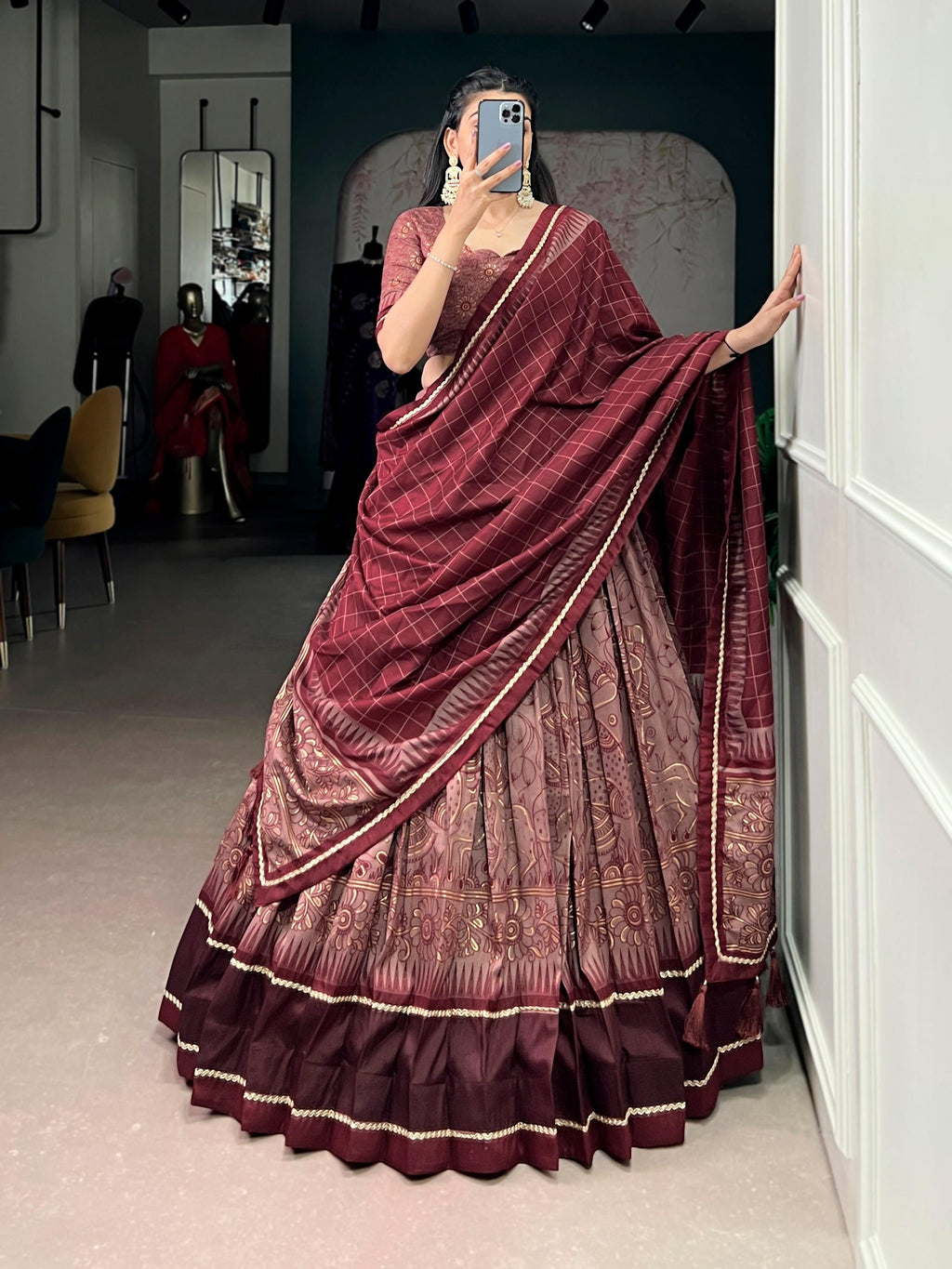 Lorenvalley Fashion Maroon Tasar Silk Kalamkari Print With Lace Border Lehenga Choli with Dupatta