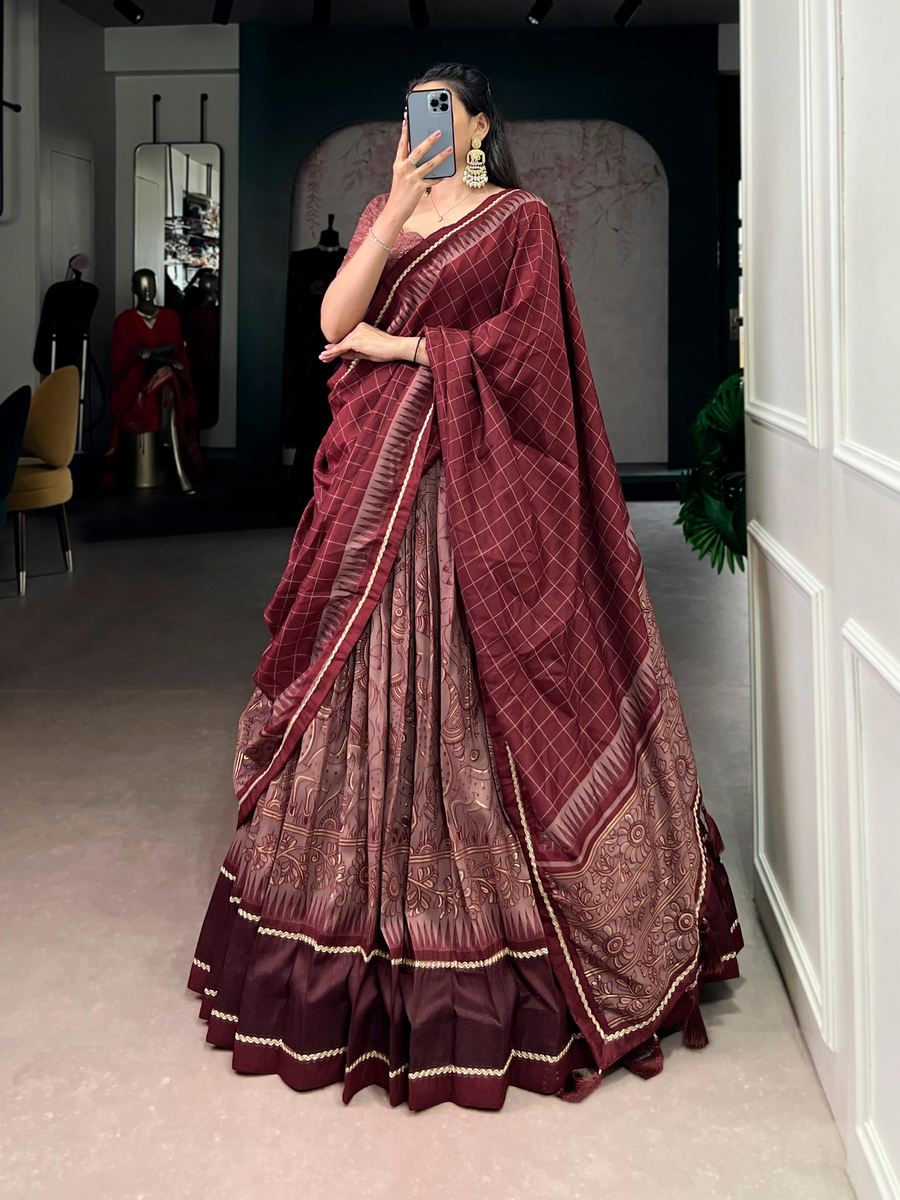 Lorenvalley Fashion Maroon Tasar Silk Kalamkari Print With Lace Border Lehenga Choli with Dupatta