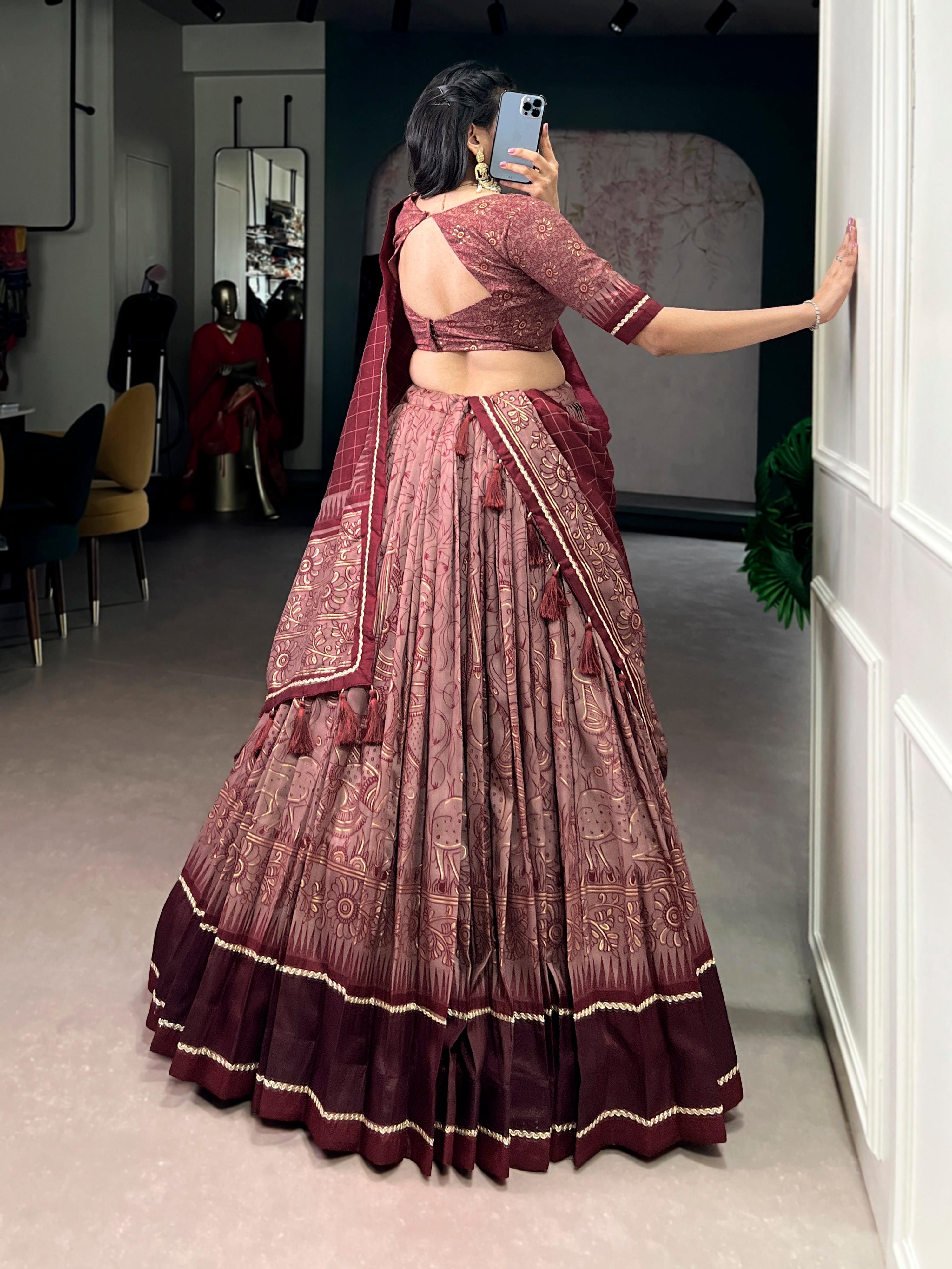 Lorenvalley Fashion Maroon Tasar Silk Kalamkari Print With Lace Border Lehenga Choli with Dupatta