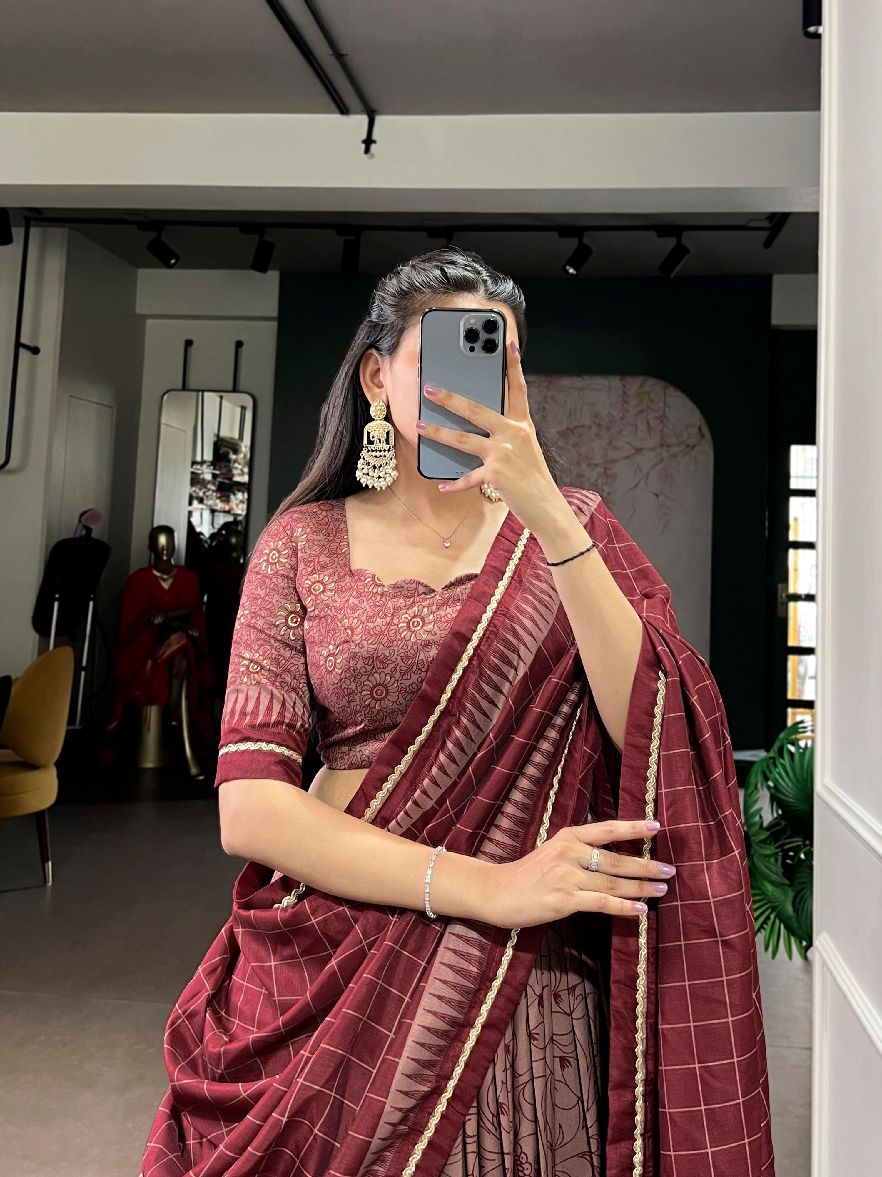 Lorenvalley Fashion Maroon Tasar Silk Kalamkari Print With Lace Border Lehenga Choli with Dupatta