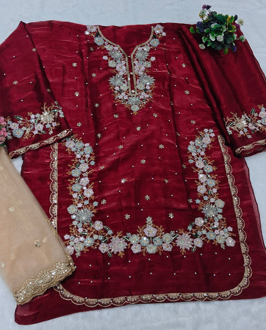 Anaita Maroon Jimmy Choo Suit With Embroidery & Sequence Work