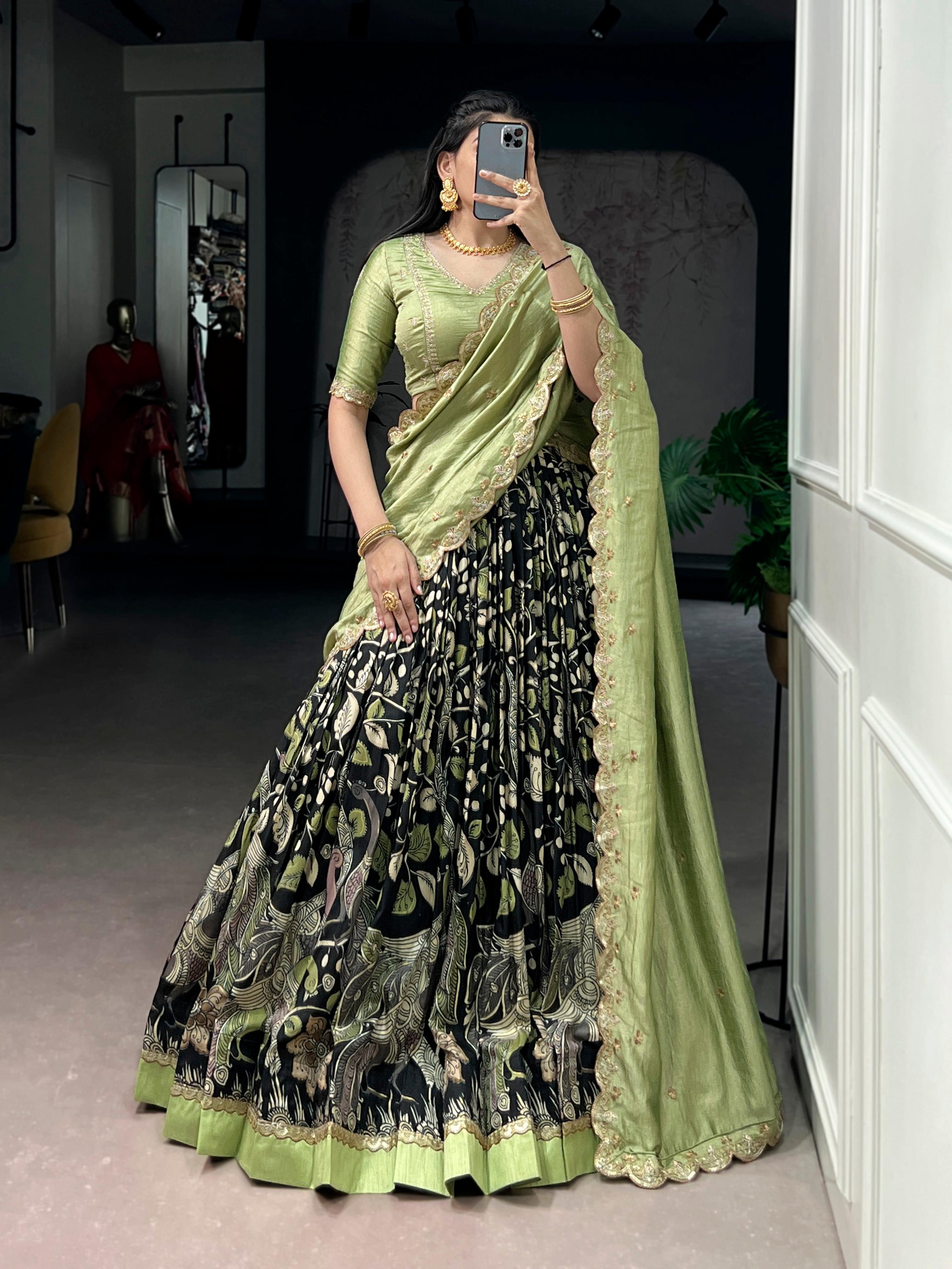 Lorenvalley Fashion Multicolor Tasar Silk Kalamkari Print with Lace Border Lehenga Choli with Dupatta