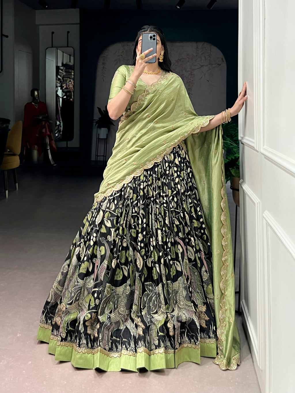 Lorenvalley Fashion Multicolor Tasar Silk Kalamkari Print with Lace Border Lehenga Choli with Dupatta