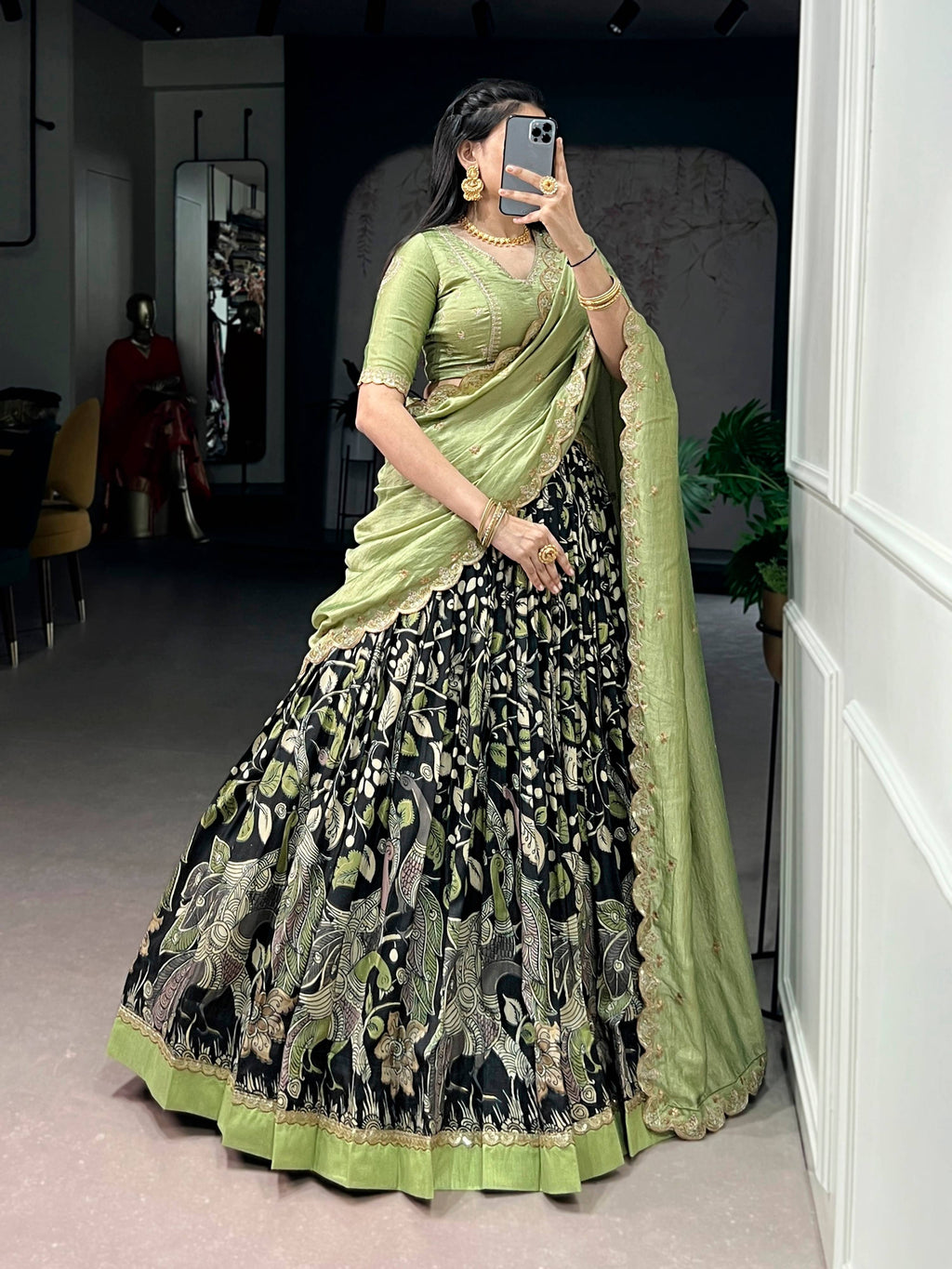 Lorenvalley Fashion Multicolor Tasar Silk Kalamkari Print with Lace Border Lehenga Choli with Dupatta