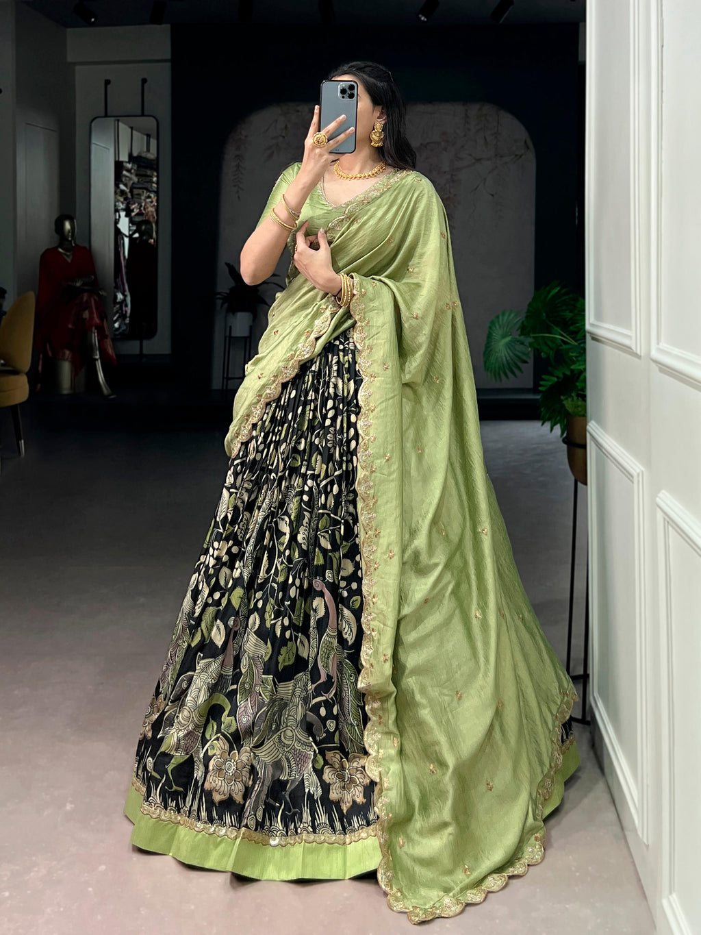 Lorenvalley Fashion Multicolor Tasar Silk Kalamkari Print with Lace Border Lehenga Choli with Dupatta