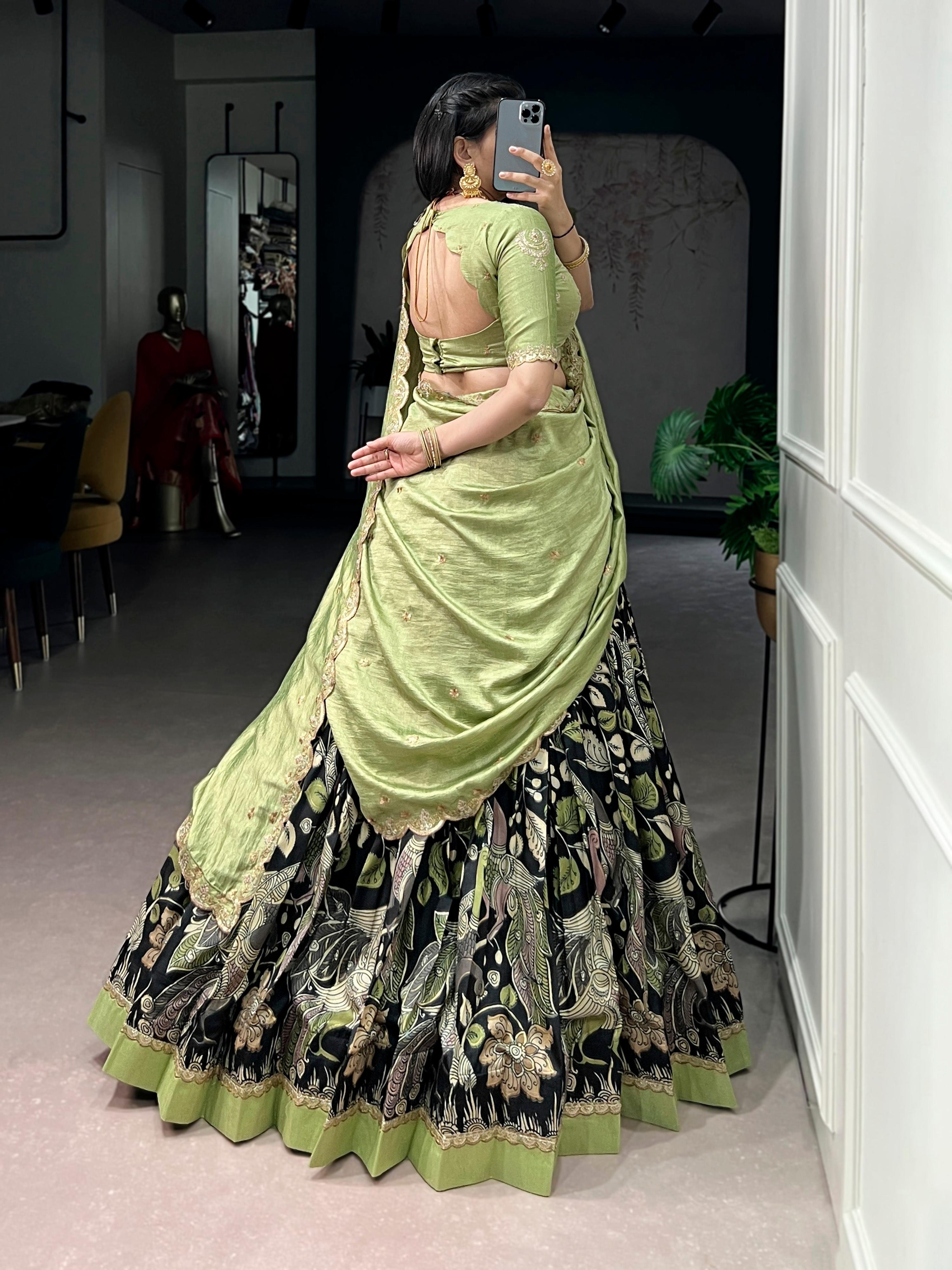 Lorenvalley Fashion Multicolor Tasar Silk Kalamkari Print with Lace Border Lehenga Choli with Dupatta