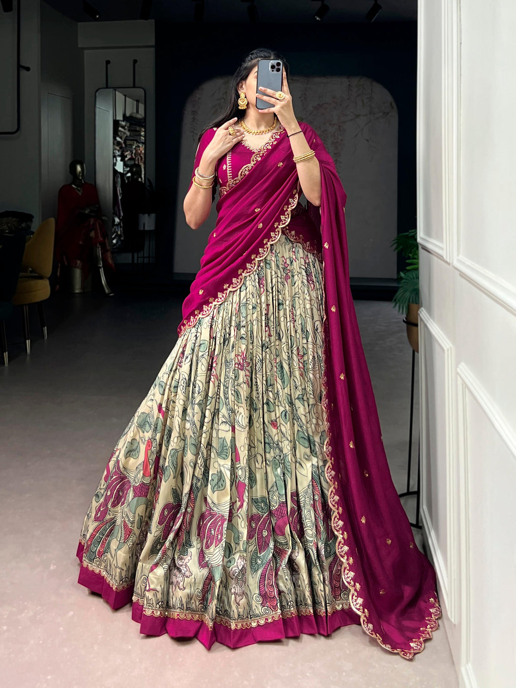 Lorenvalley Fashion Multicolor Tasar Silk Kalamkari Print with Lace Border Lehenga Choli with Dupatta