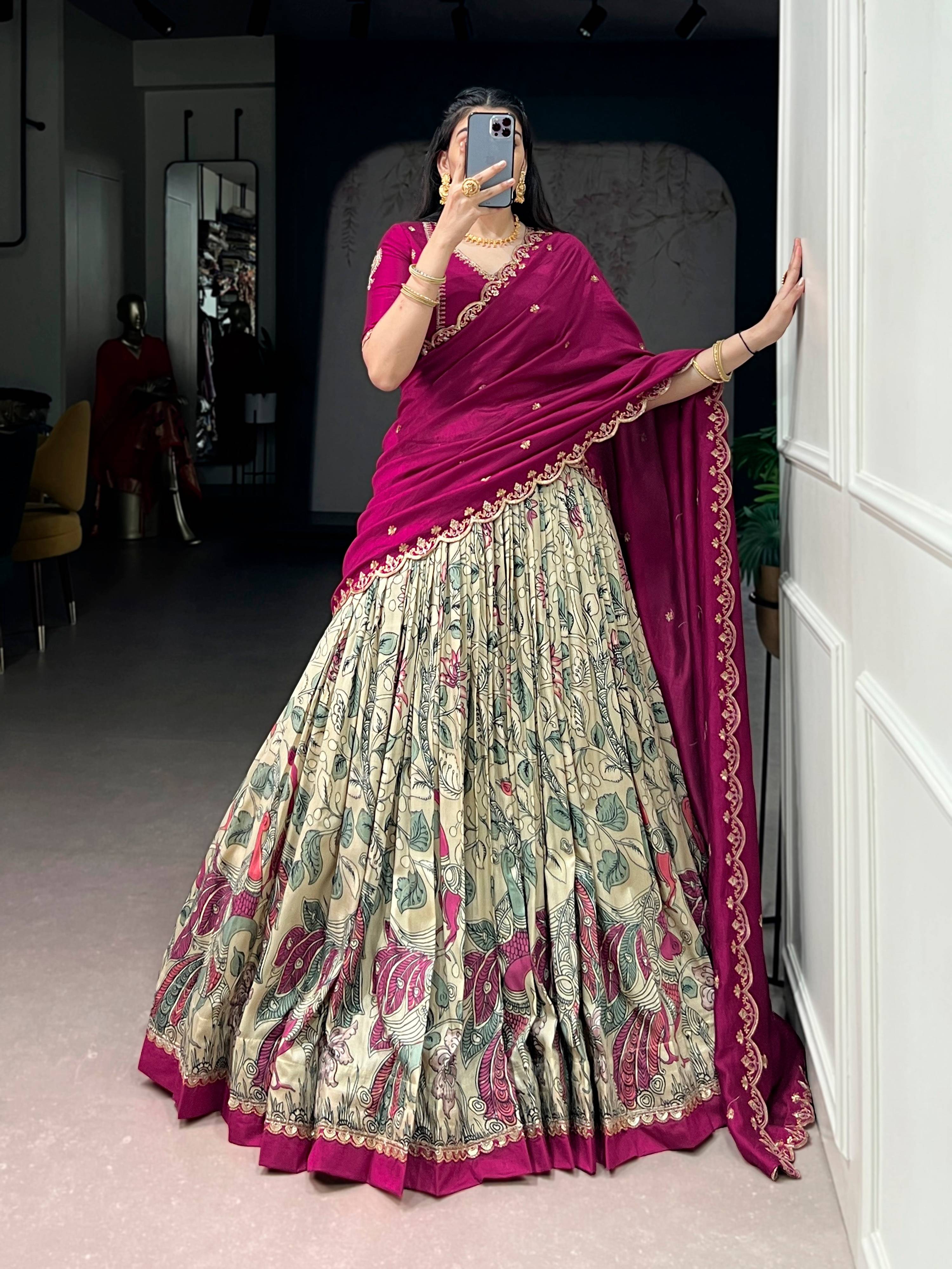 Lorenvalley Fashion Multicolor Tasar Silk Kalamkari Print with Lace Border Lehenga Choli with Dupatta