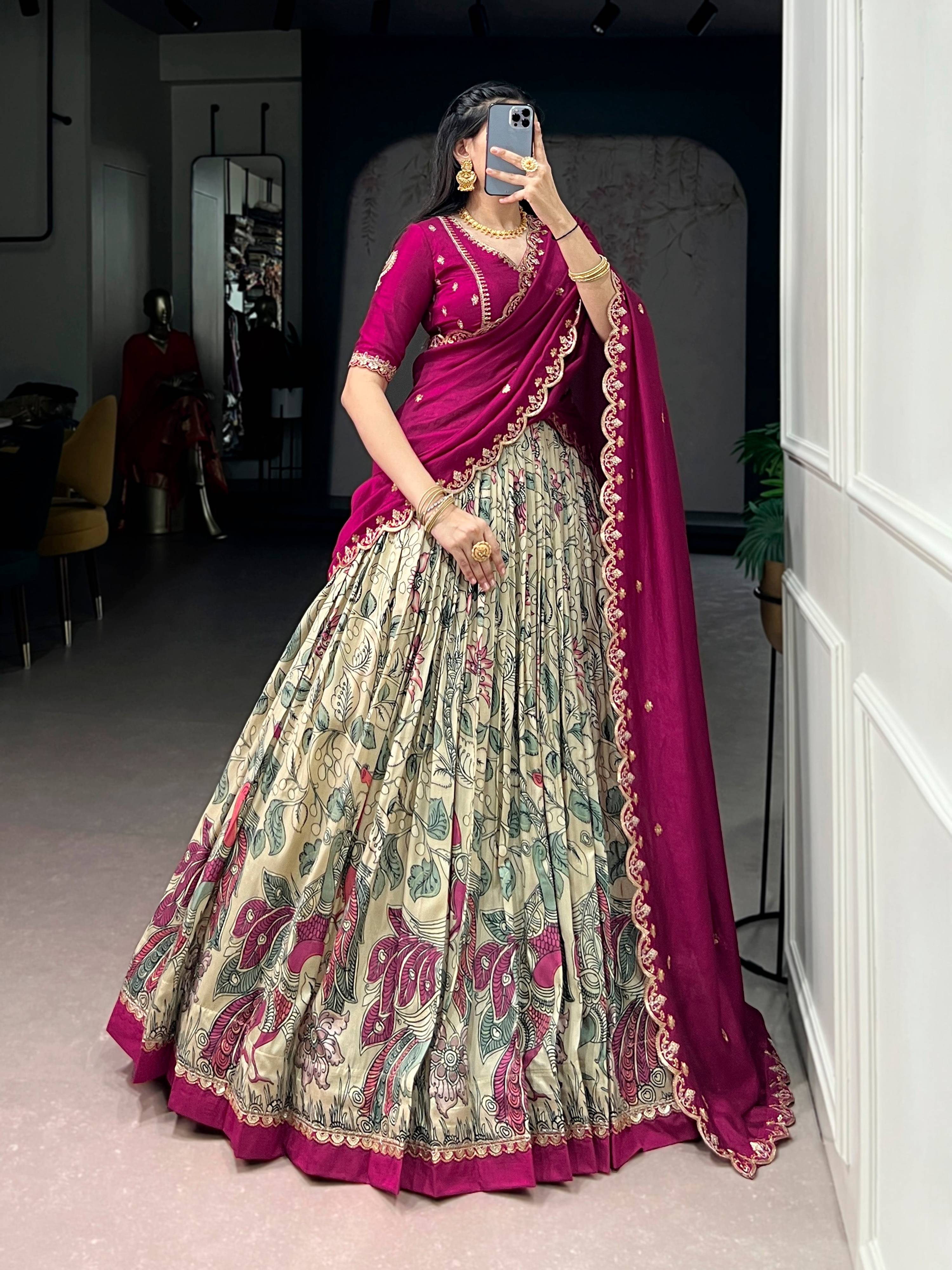 Lorenvalley Fashion Multicolor Tasar Silk Kalamkari Print with Lace Border Lehenga Choli with Dupatta