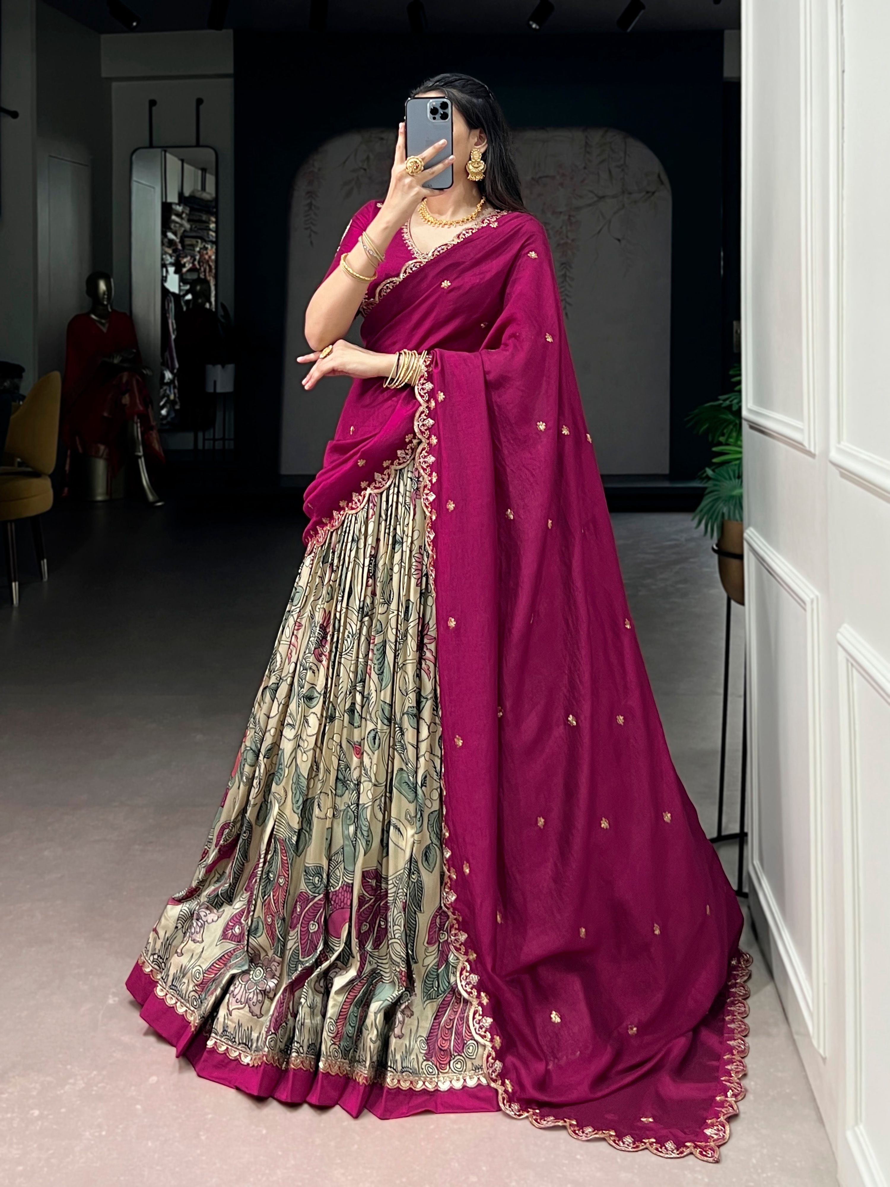 Lorenvalley Fashion Multicolor Tasar Silk Kalamkari Print with Lace Border Lehenga Choli with Dupatta
