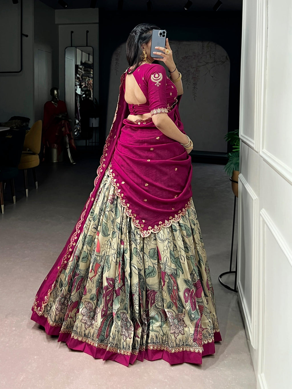 Lorenvalley Fashion Multicolor Tasar Silk Kalamkari Print with Lace Border Lehenga Choli with Dupatta