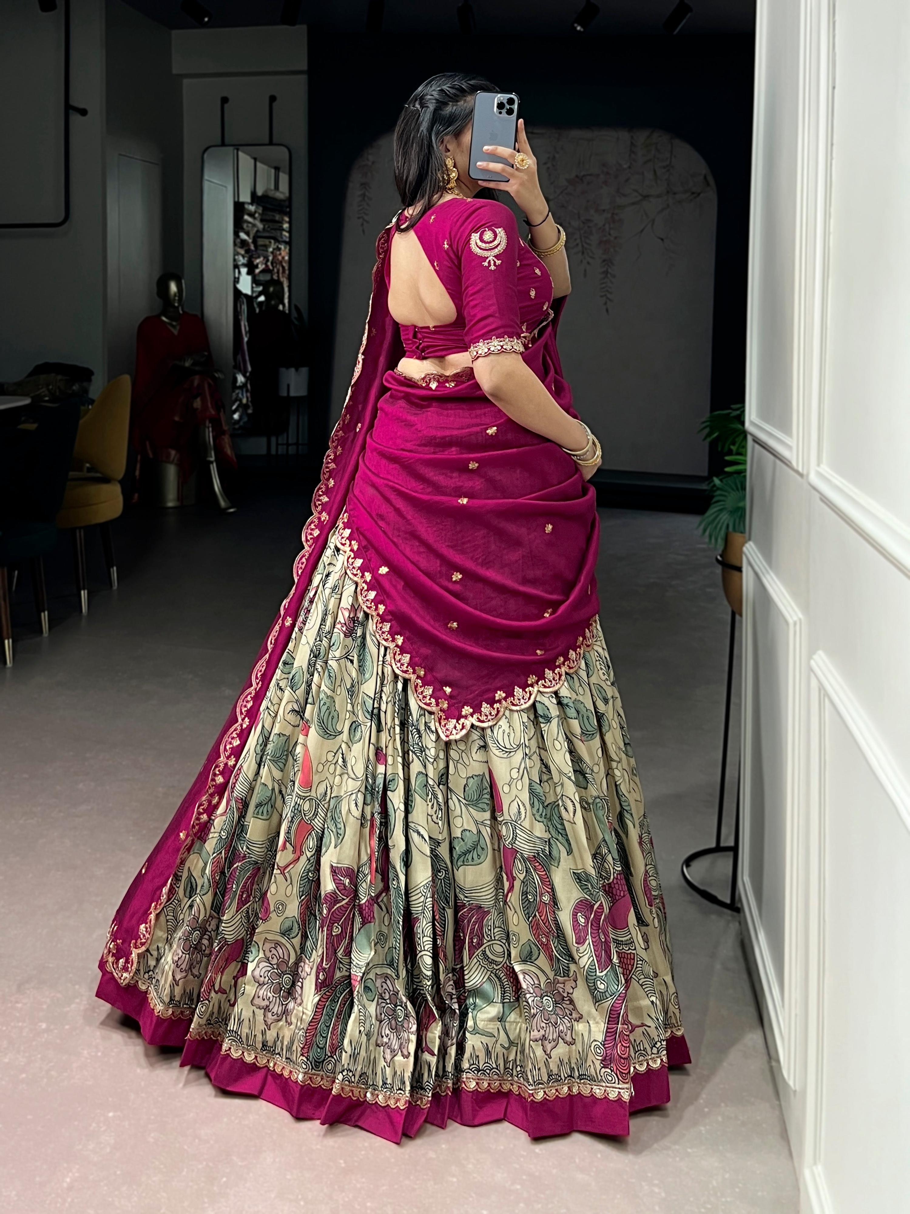 Lorenvalley Fashion Multicolor Tasar Silk Kalamkari Print with Lace Border Lehenga Choli with Dupatta