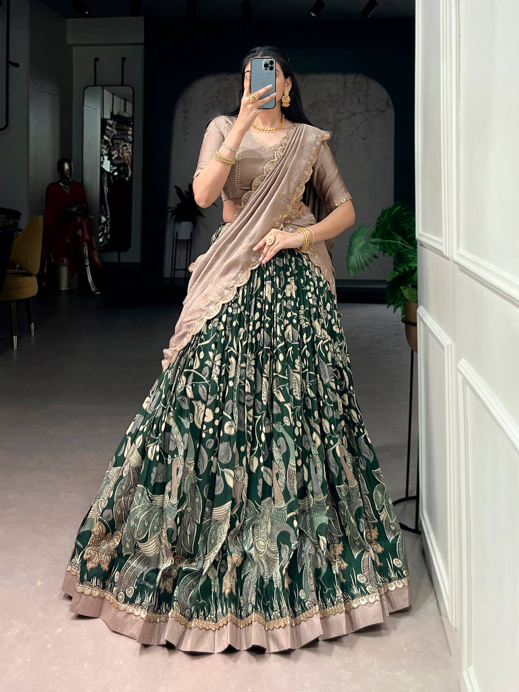Lorenvalley Fashion Multicolor Tasar Silk Kalamkari Print with Lace Border Lehenga Choli with Dupatta
