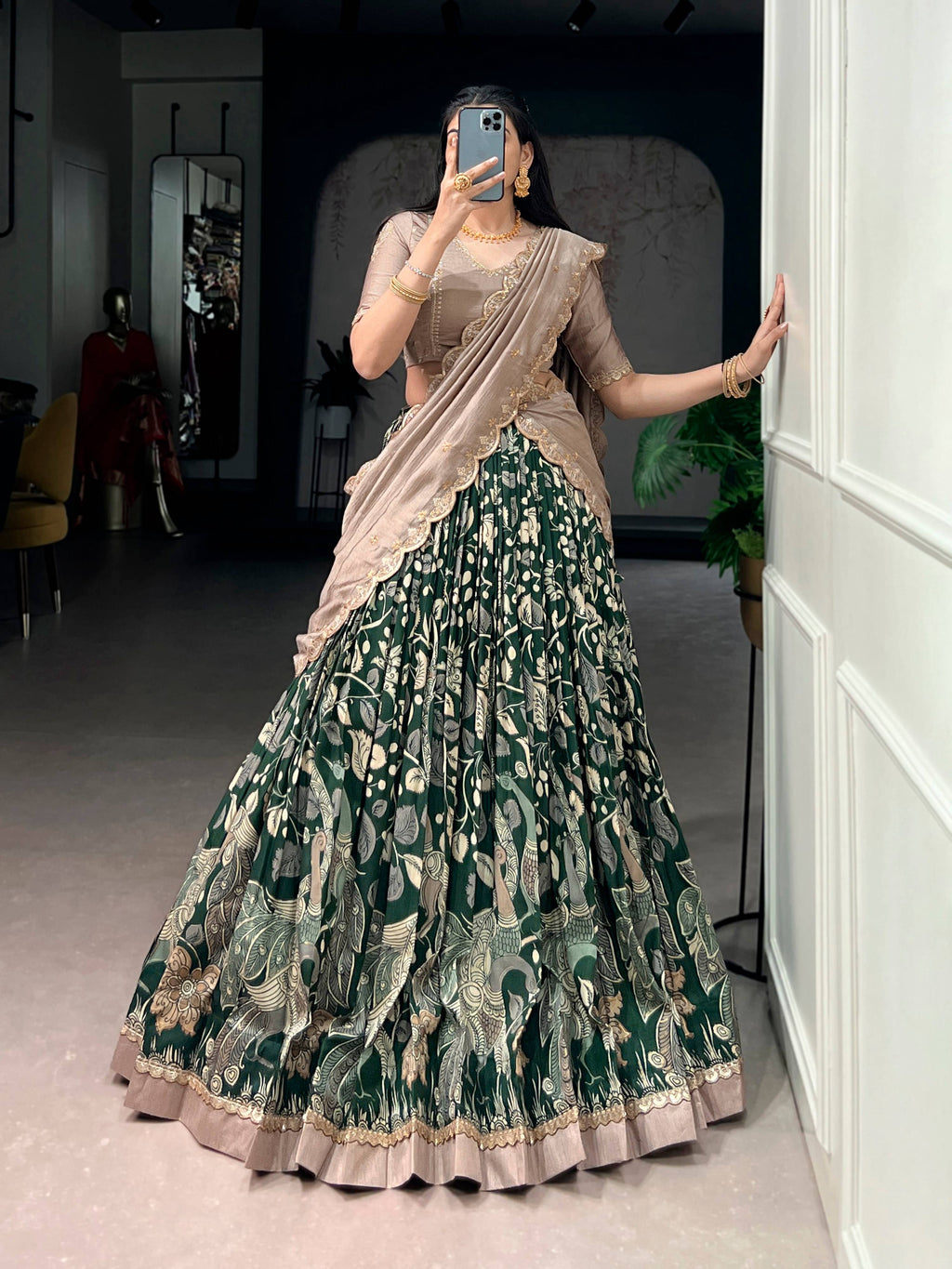 Lorenvalley Fashion Multicolor Tasar Silk Kalamkari Print with Lace Border Lehenga Choli with Dupatta