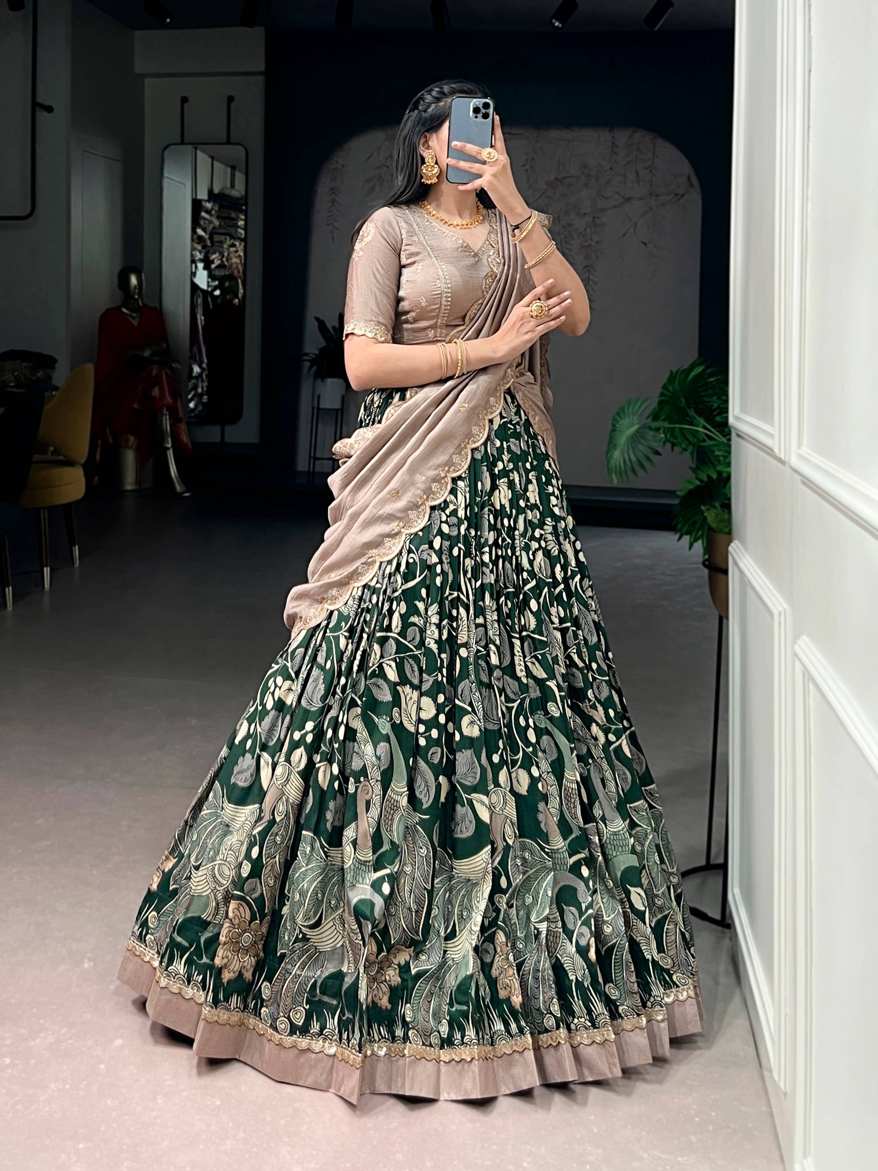 Lorenvalley Fashion Multicolor Tasar Silk Kalamkari Print with Lace Border Lehenga Choli with Dupatta